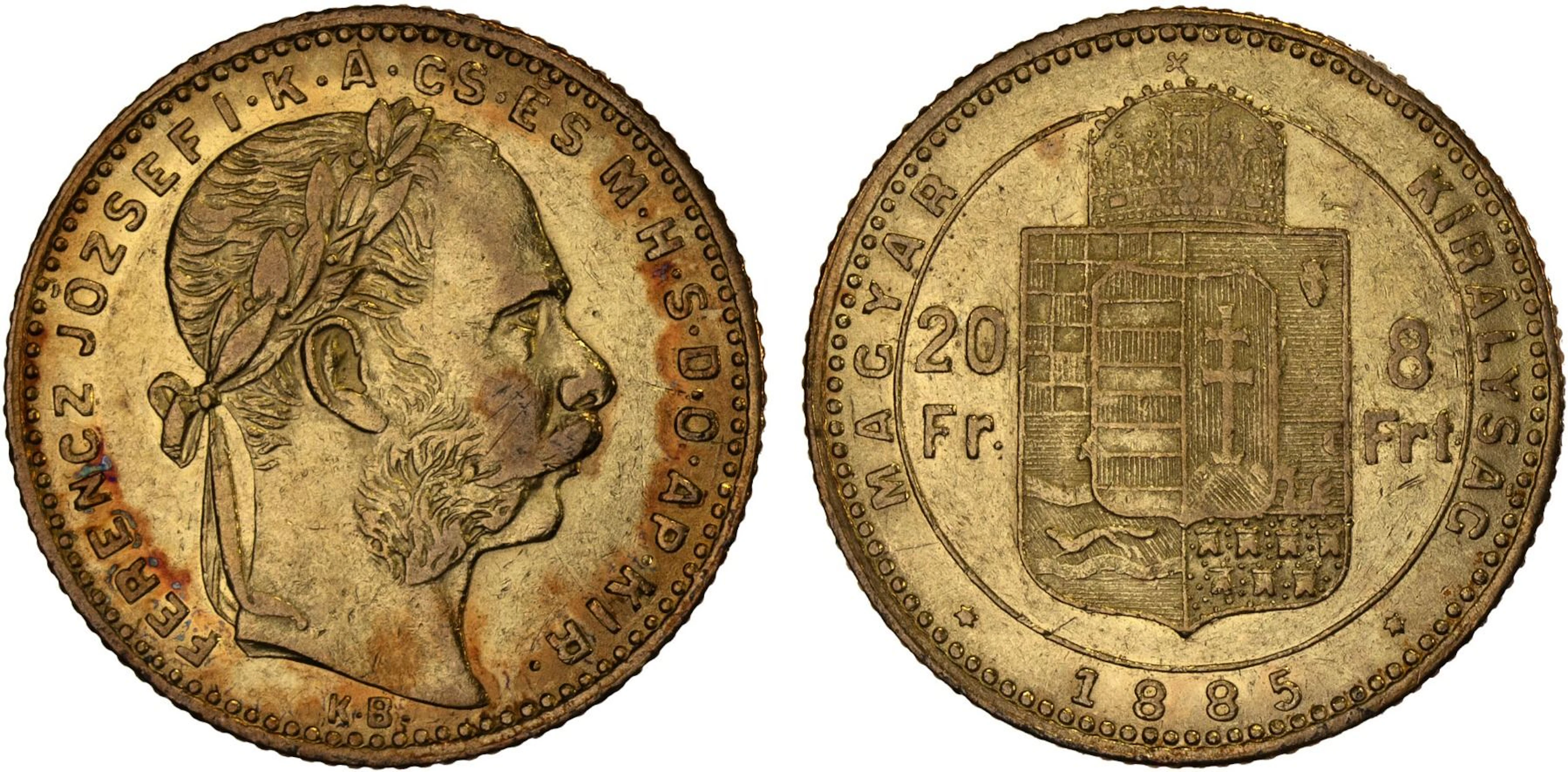 HUNGARY: Franz Joseph I, 1848-1916, AV 20 forint, 1885, AU
