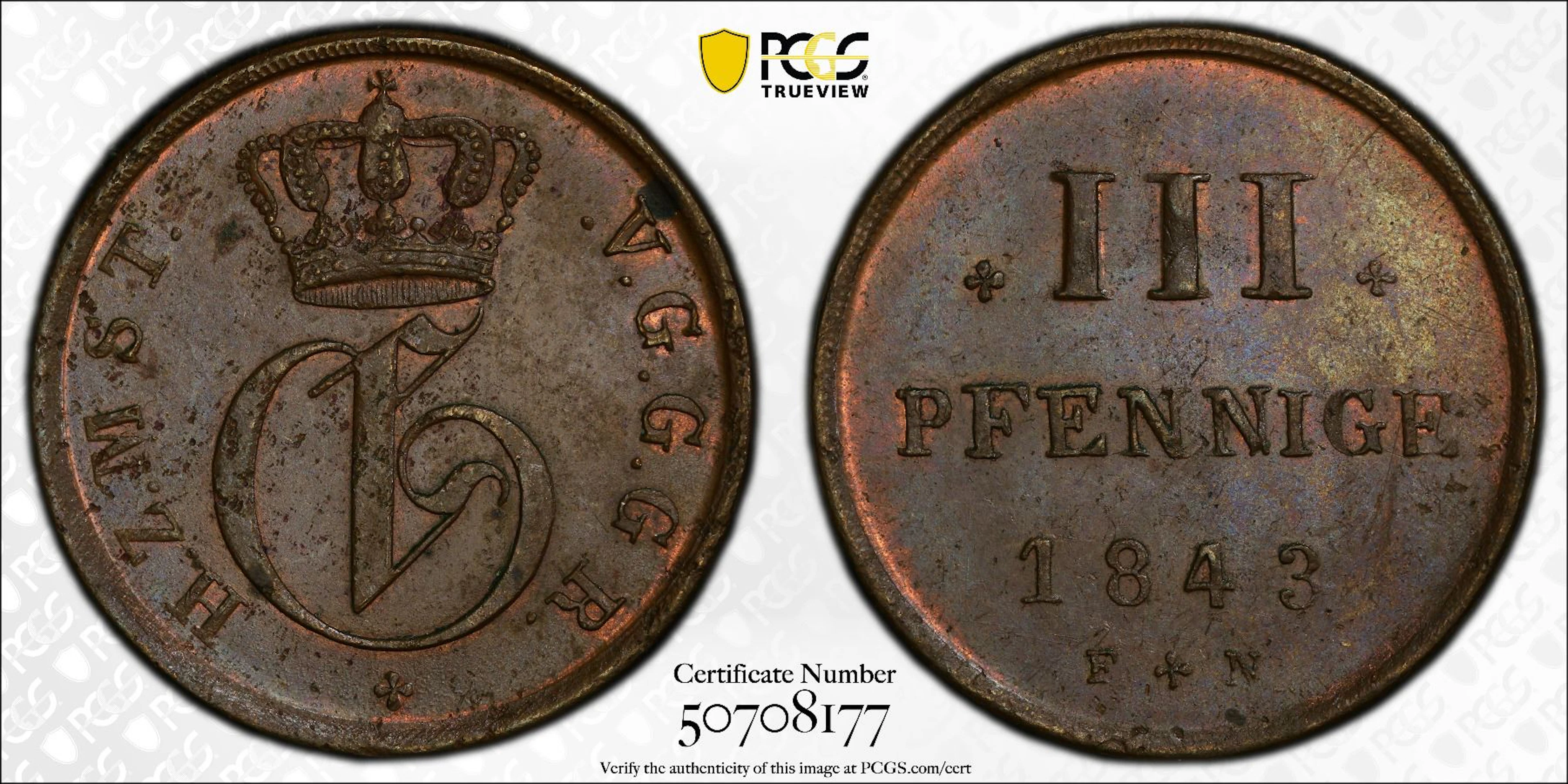 MECKLENBURG-STRELITZ: Georg, 1816-1860, AE 3 pfennig, 1843, PCGS MS63 BN