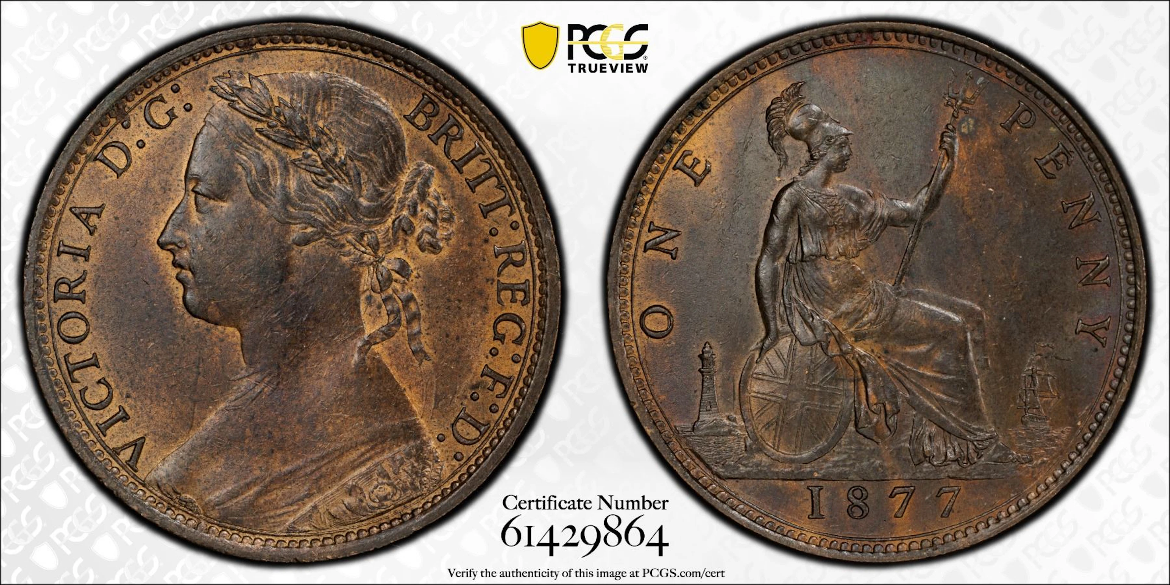 GREAT BRITAIN: Victoria, 1837-1901, AE penny, 1877, PCGS MS63 BN