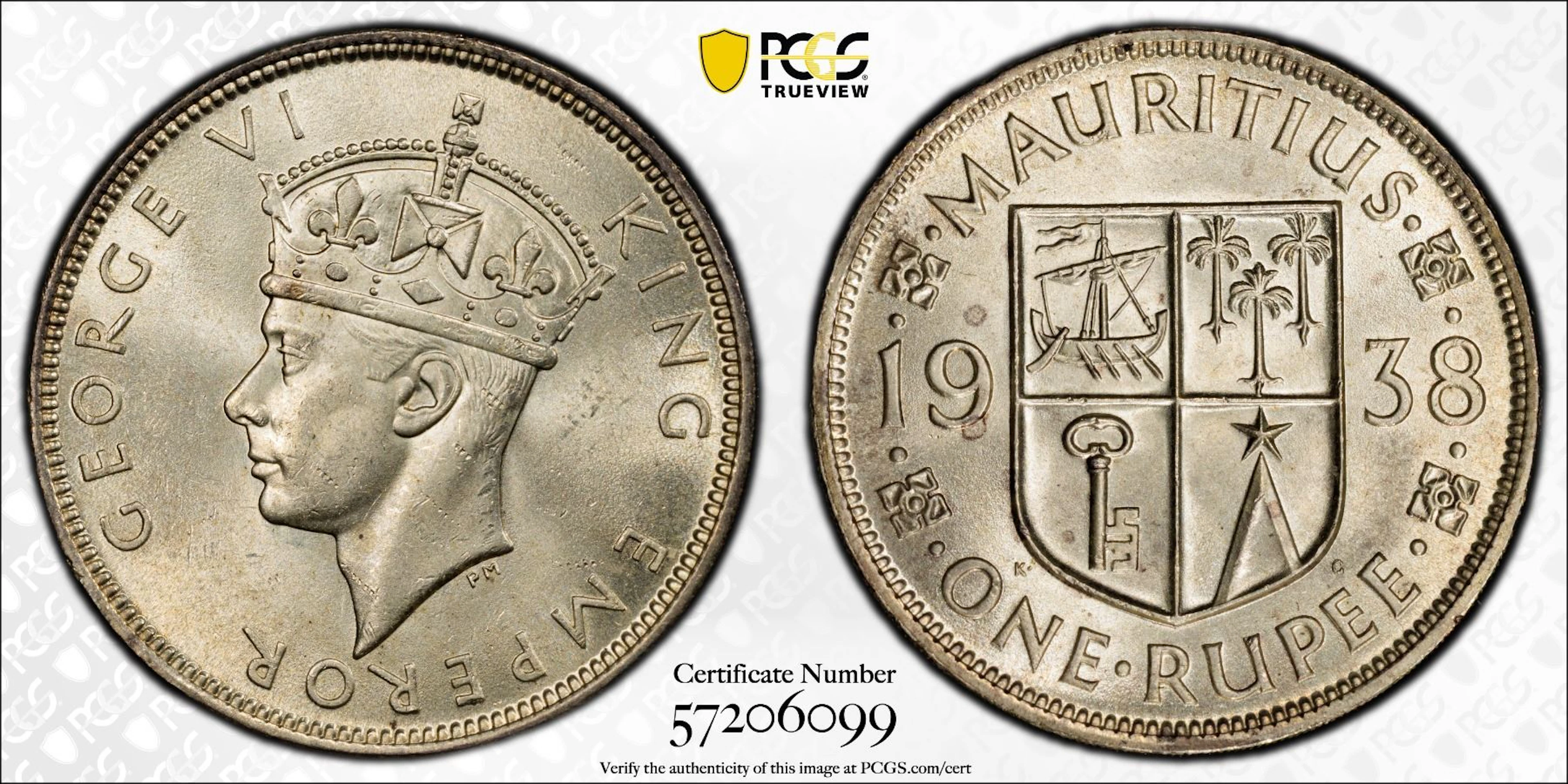 MAURITIUS: George VI, 1936-1952, AR rupee, 1938, PCGS MS63