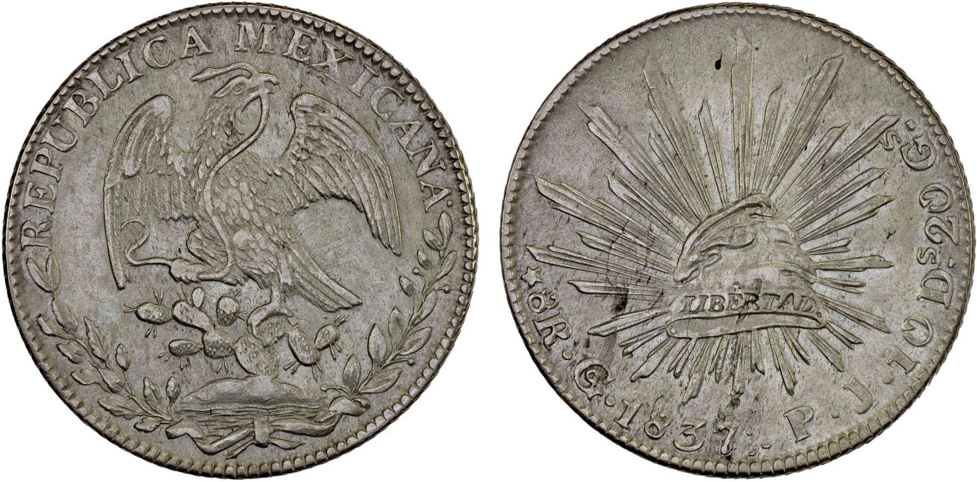 MEXICO: Republic, AR 8 reales (26.95g), 1837-Go, XF