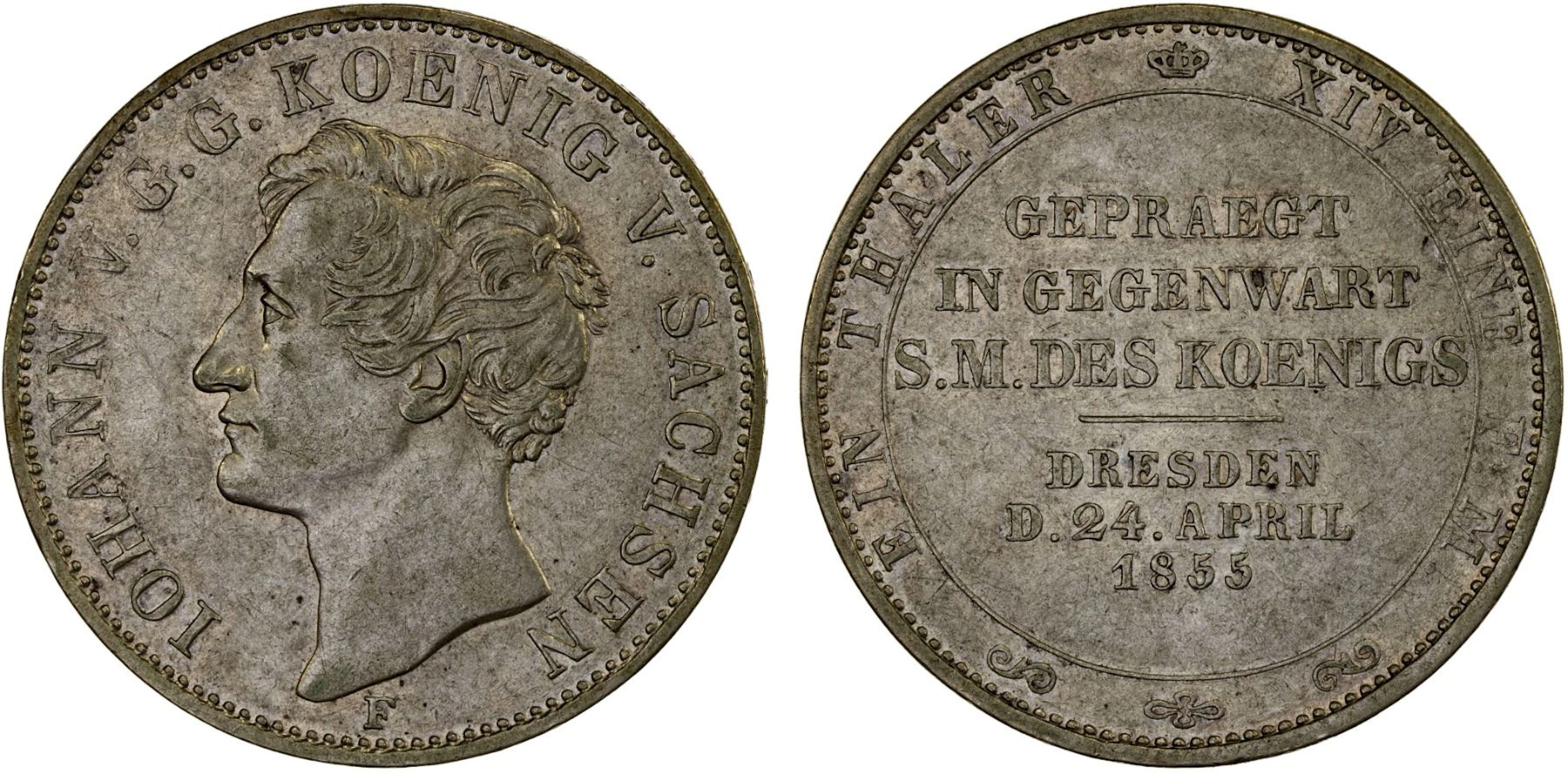 SAXONY: Johann, 1854-1873, AR thaler, 1855-F, XF
