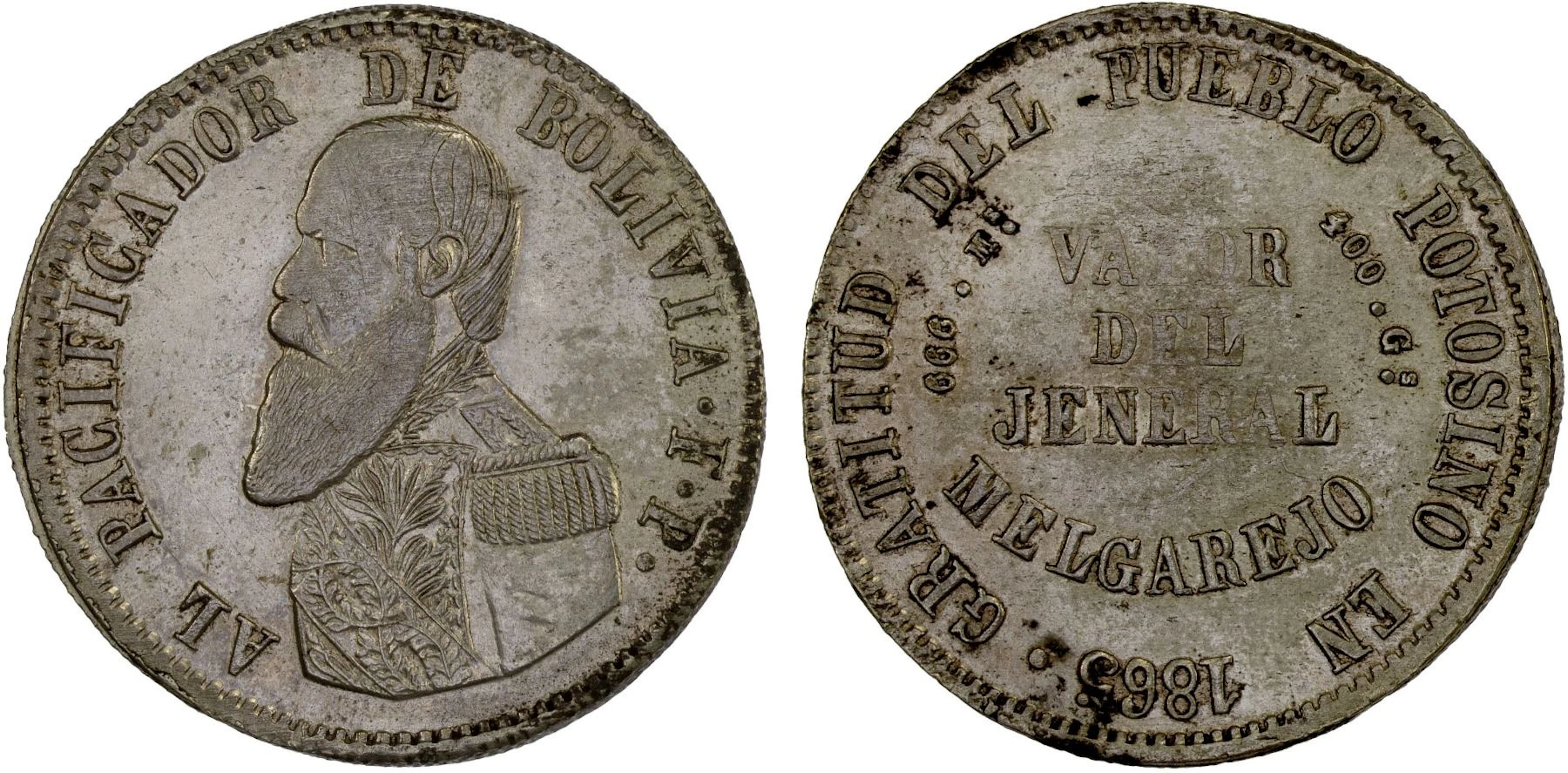 BOLIVIA: Republic, AR melgarejo, 1865, AU