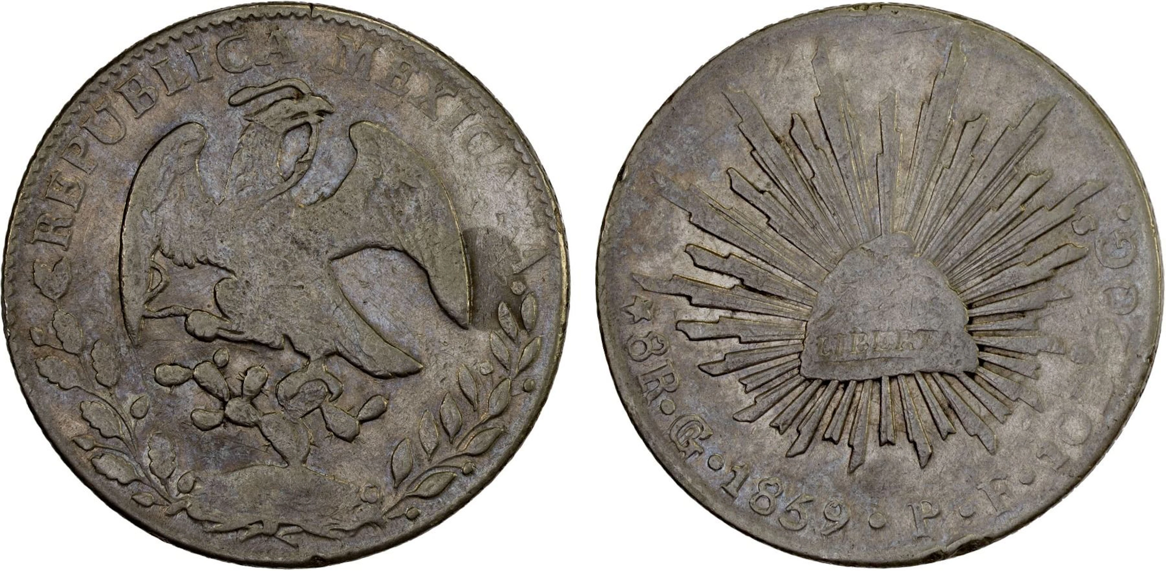 MEXICO: Republic, AR 8 reales (26.98g), 1859/8-Go, VF