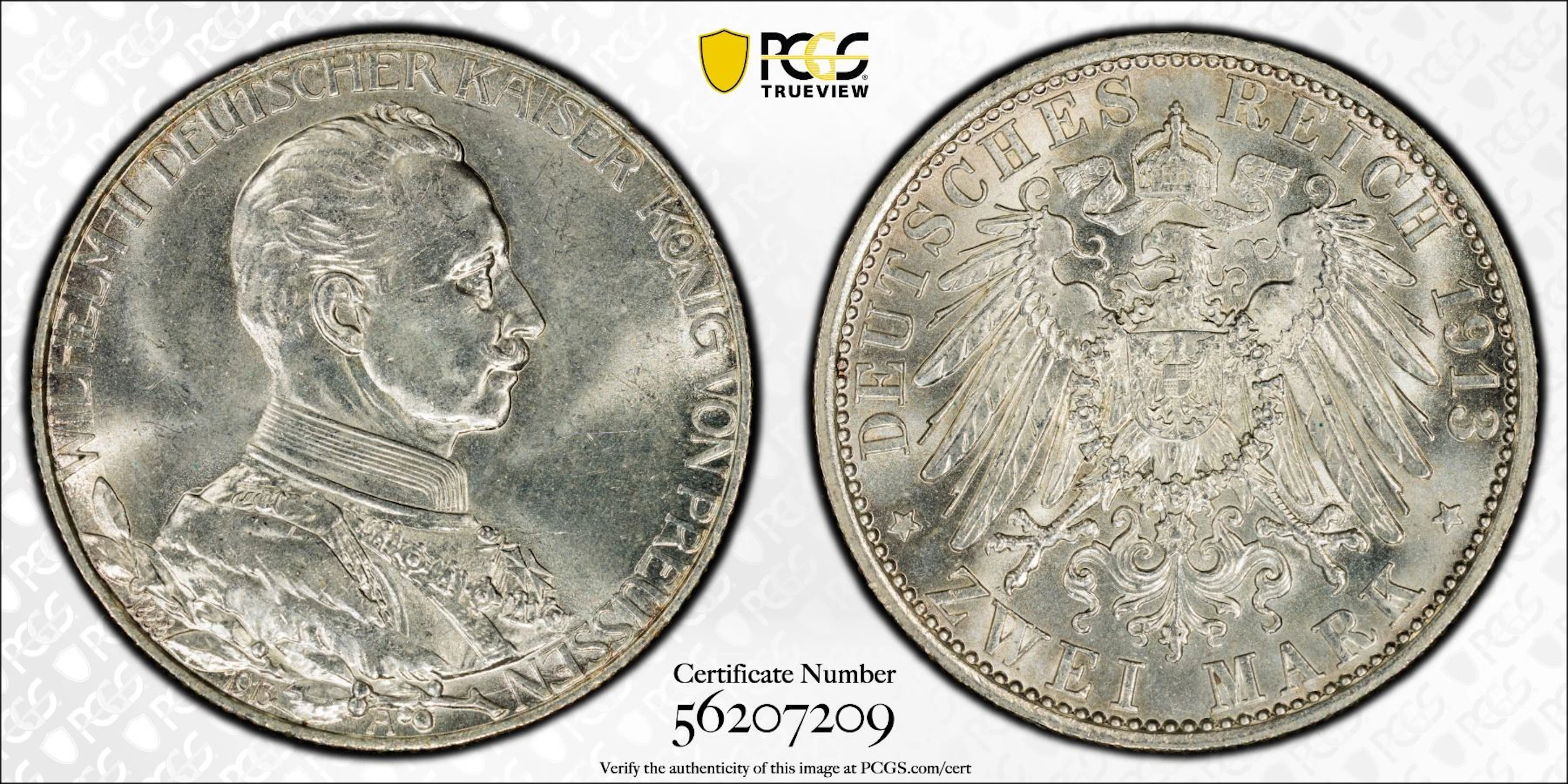 PRUSSIA: Wilhelm II, 1888-1918, AR 2 mark, Berlin, 1913-A, PCGS MS65
