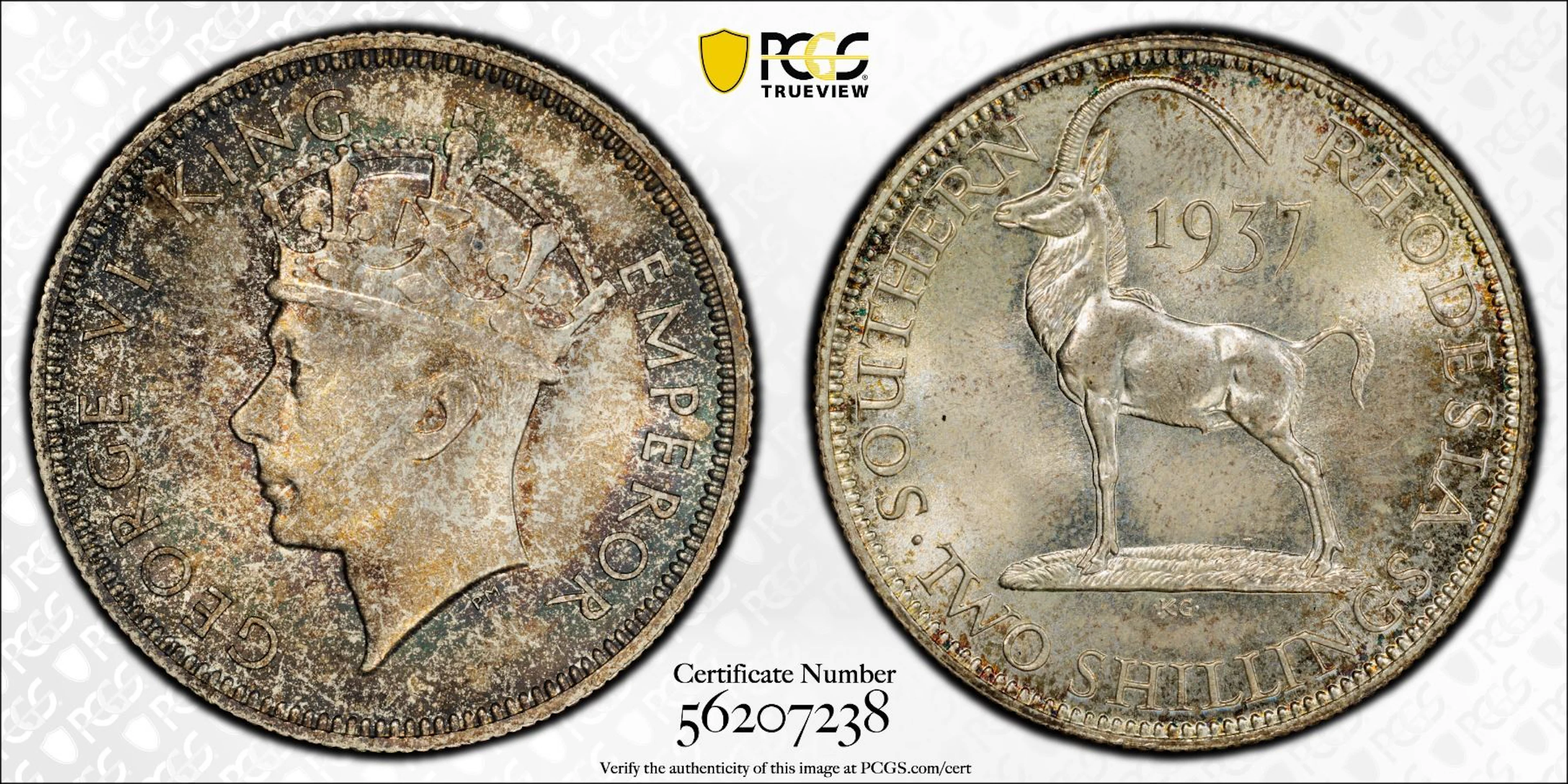 SOUTHERN RHODESIA: George VI, 1936-1952, AR 2 shillings, 1937, PCGS MS65