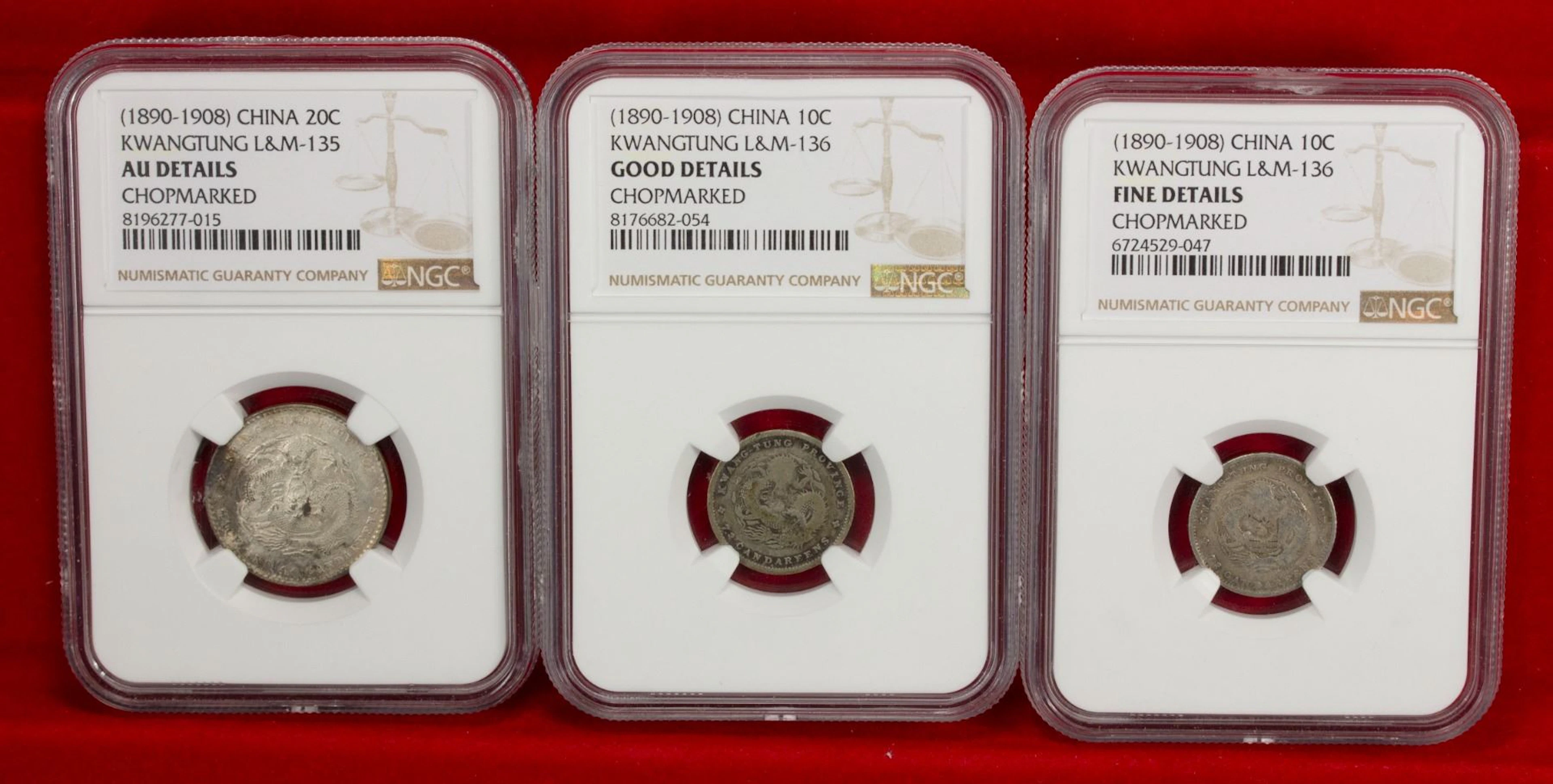 CHINA: KWANGTUNG: LOT of 3 chopmarked coins