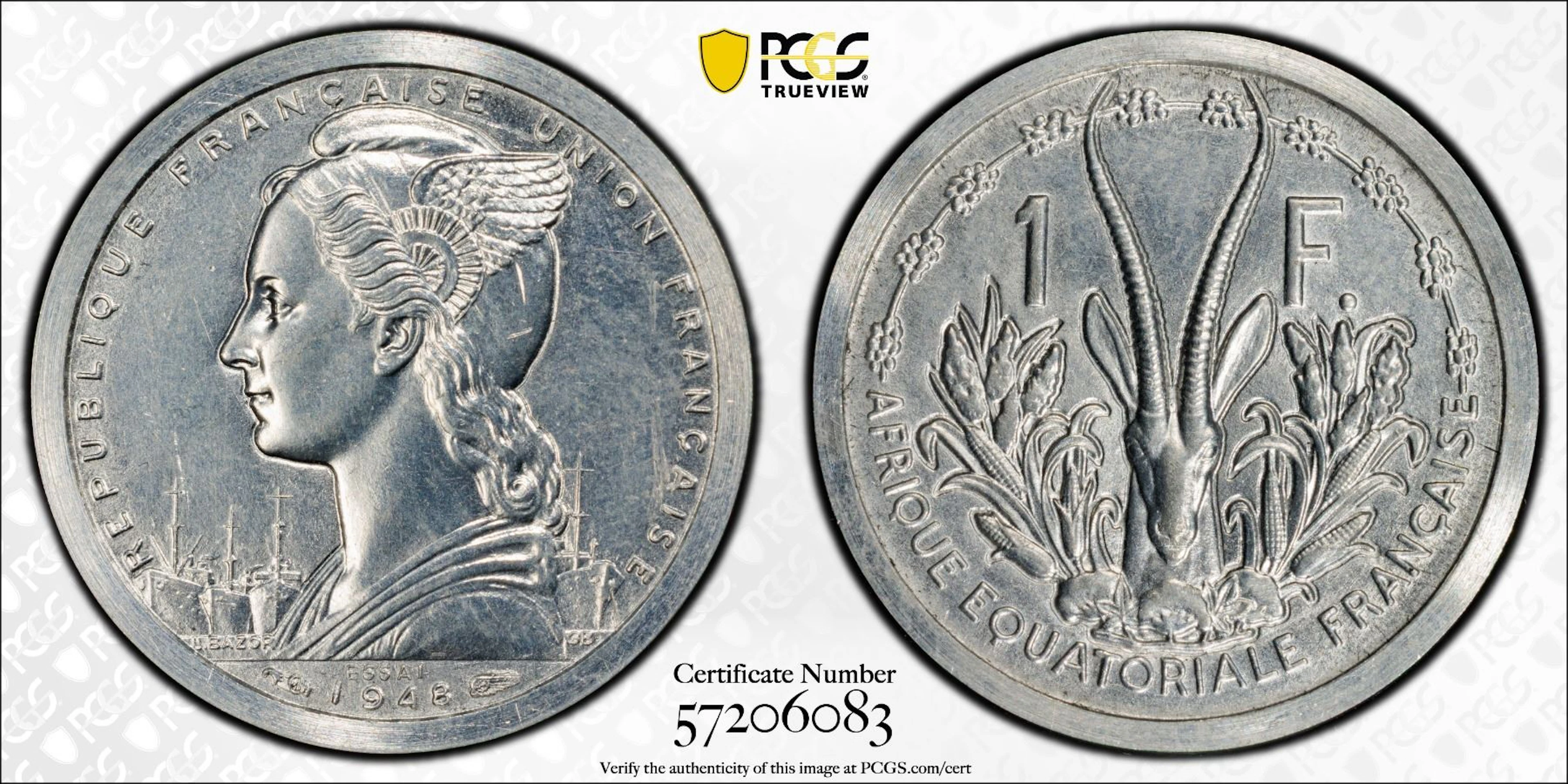 FRENCH EQUATORIAL AFRICA: 1 franc, 1948, PCGS Specimen 63