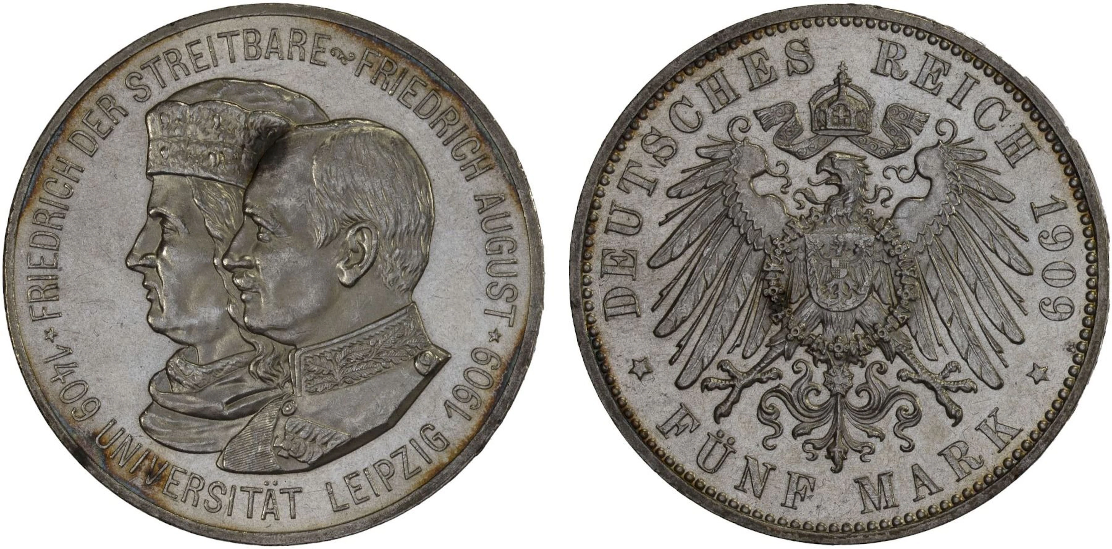 SAXONY: Friedrich August III, 1904-1918, AR 5 mark, Dresden Mint, 1909, Unc