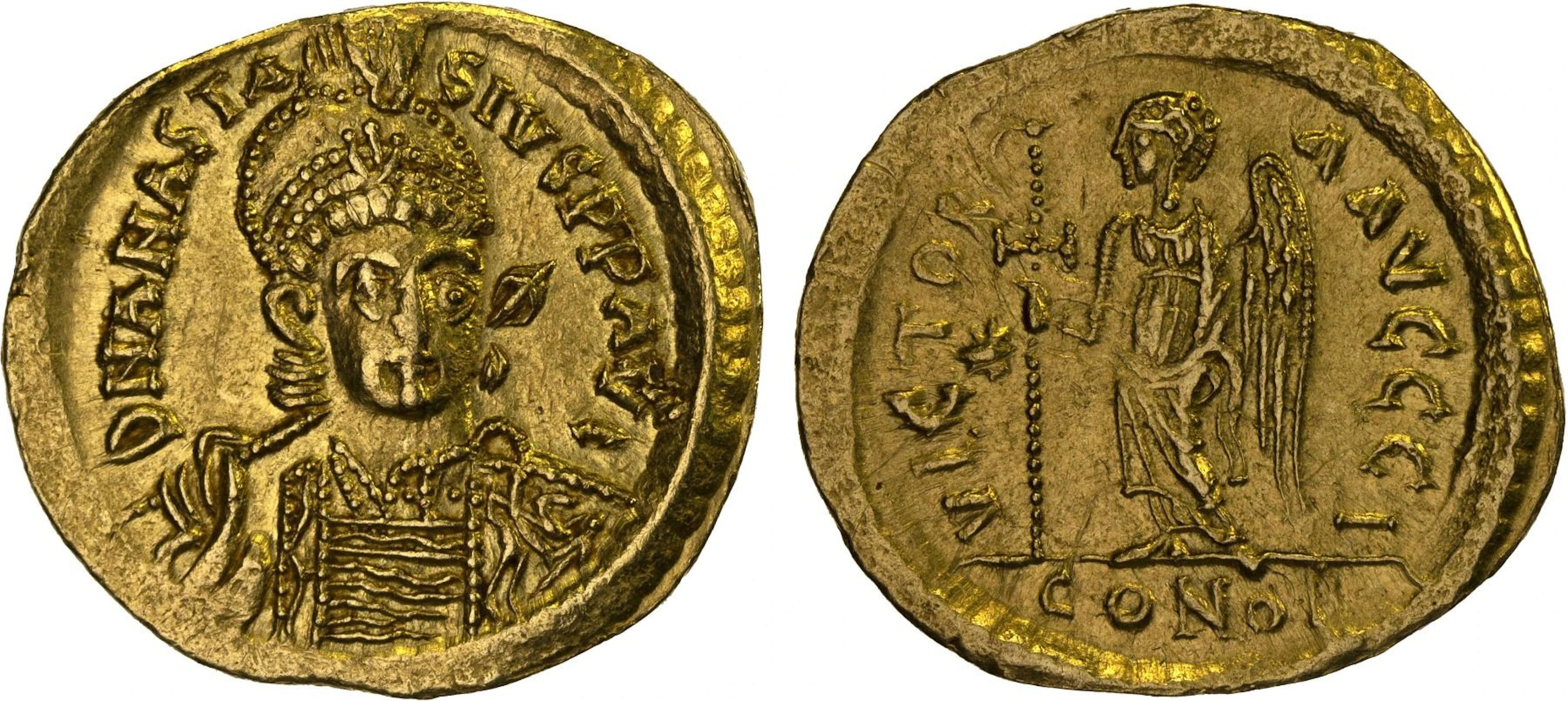 BYZANTINE EMPIRE: Anastasius I, 491-518, AV solidus (4.26g), Constantinople, XF