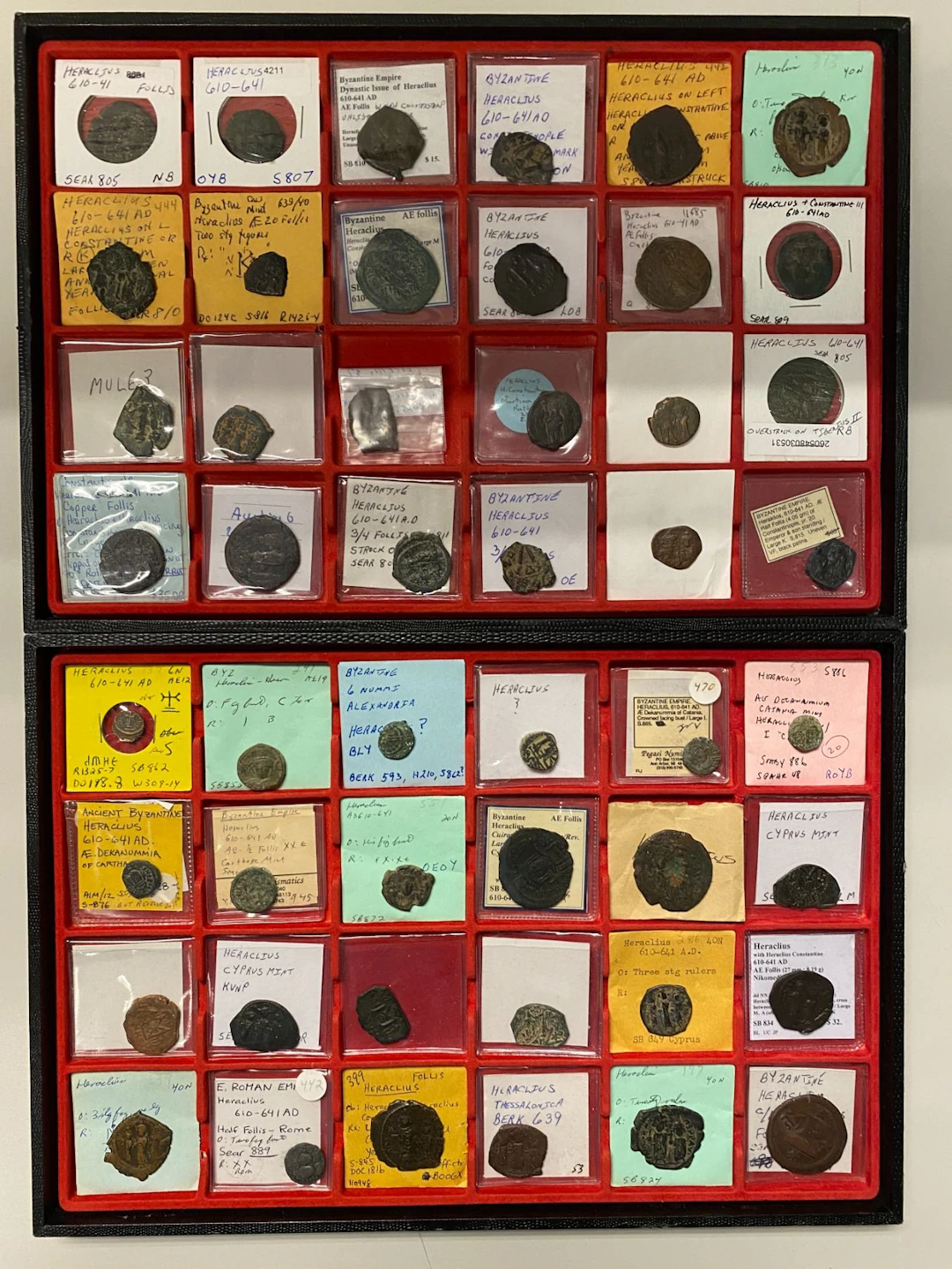 BYZANTINE EMPIRE: Heraclius, 610-641 AD, LOT of 54 coins