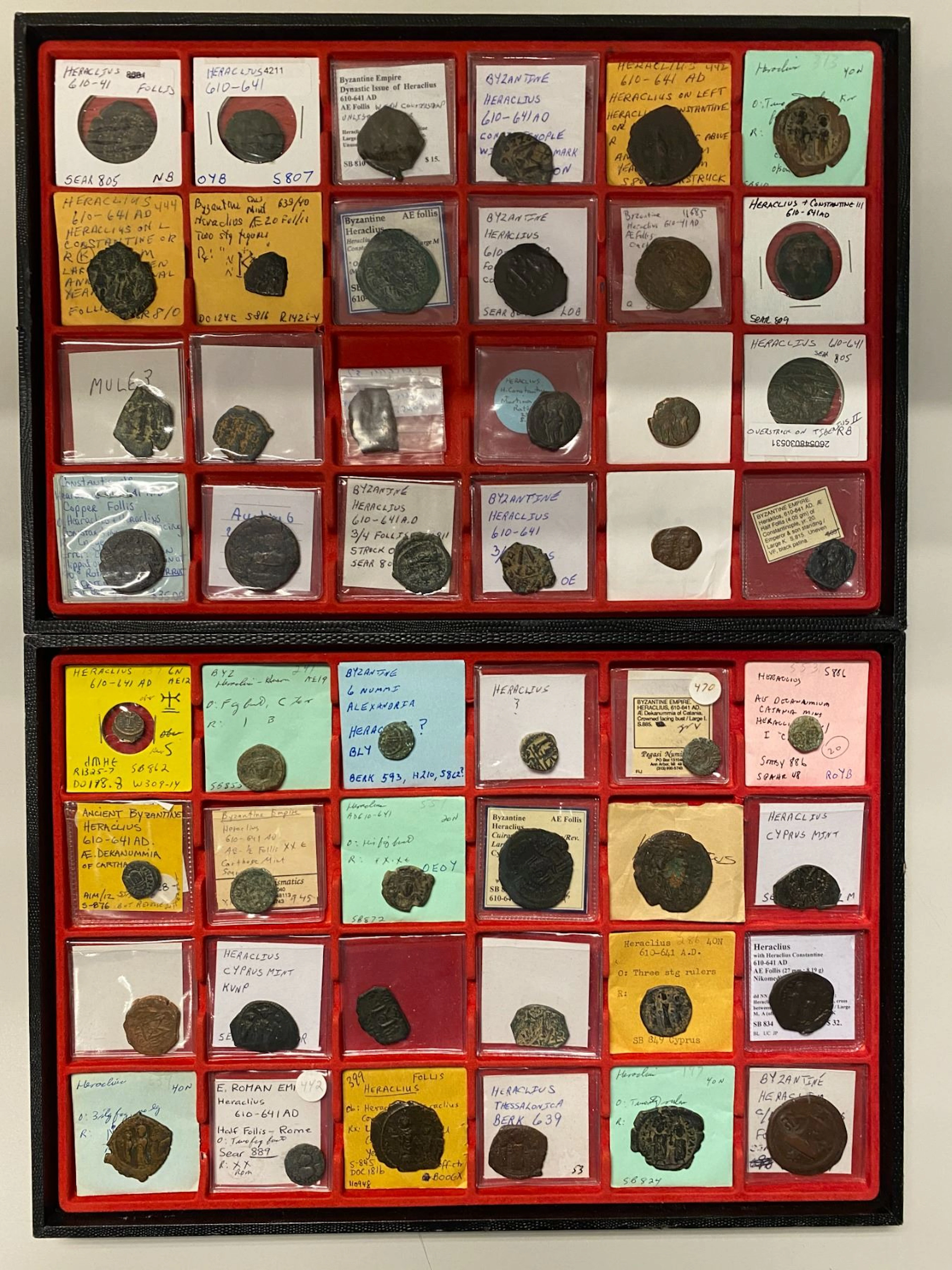 BYZANTINE EMPIRE: Heraclius, 610-641 AD, LOT of 54 coins
