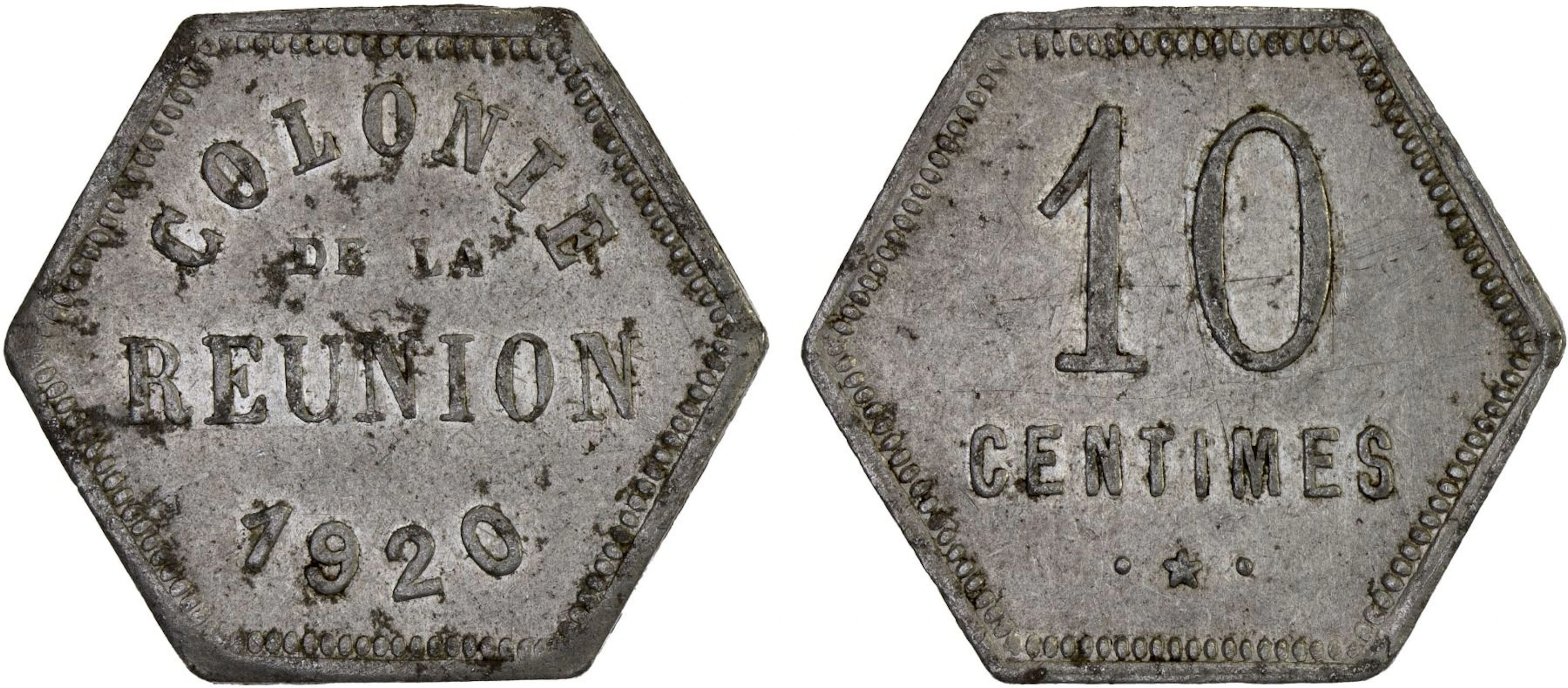 RÉUNION: French Colony, 10 centimes, 1920, AU