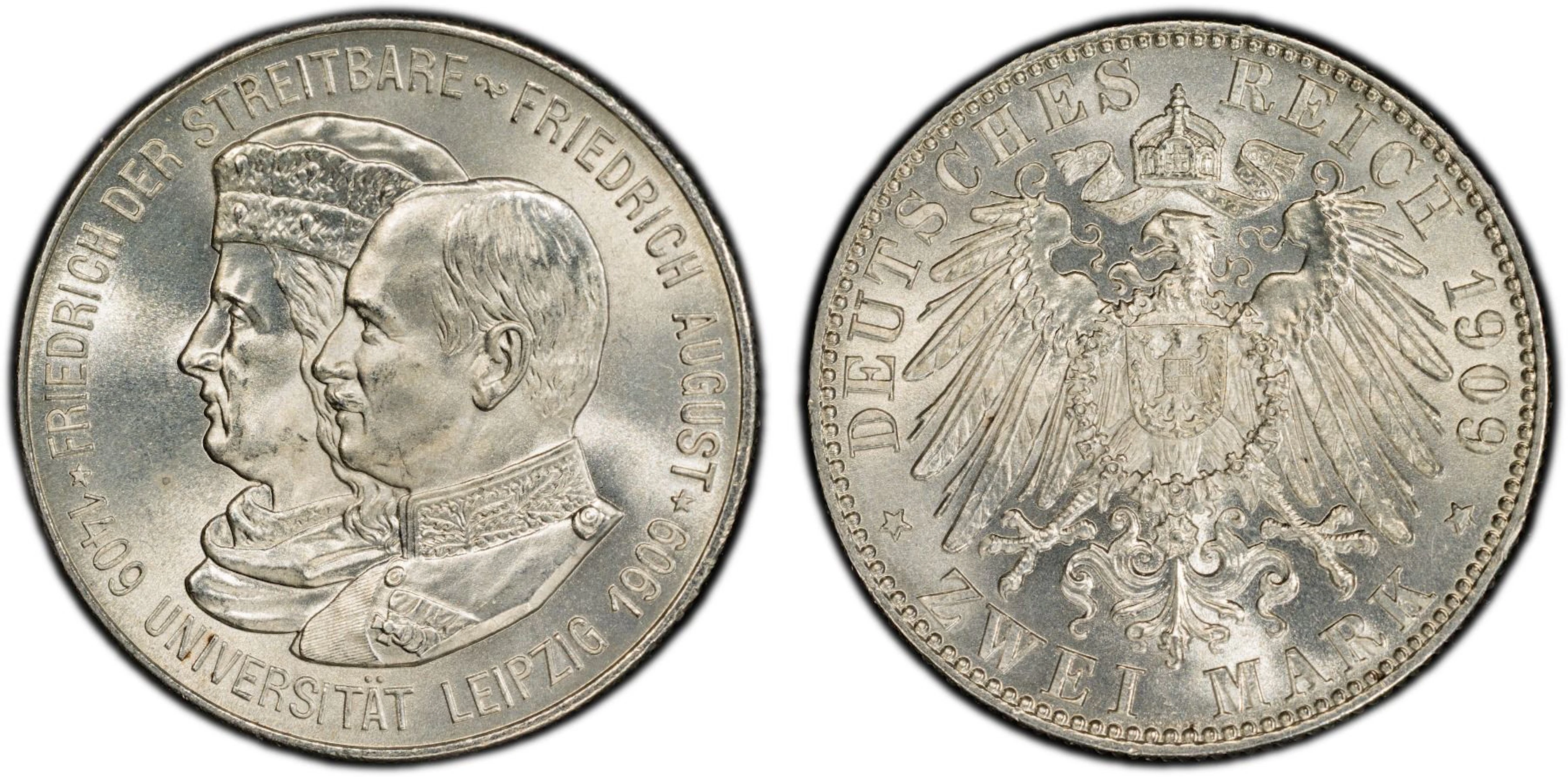 SAXONY: Friedrich August III, 1904-1918, AR 2 mark, 1909, PCGS MS65
