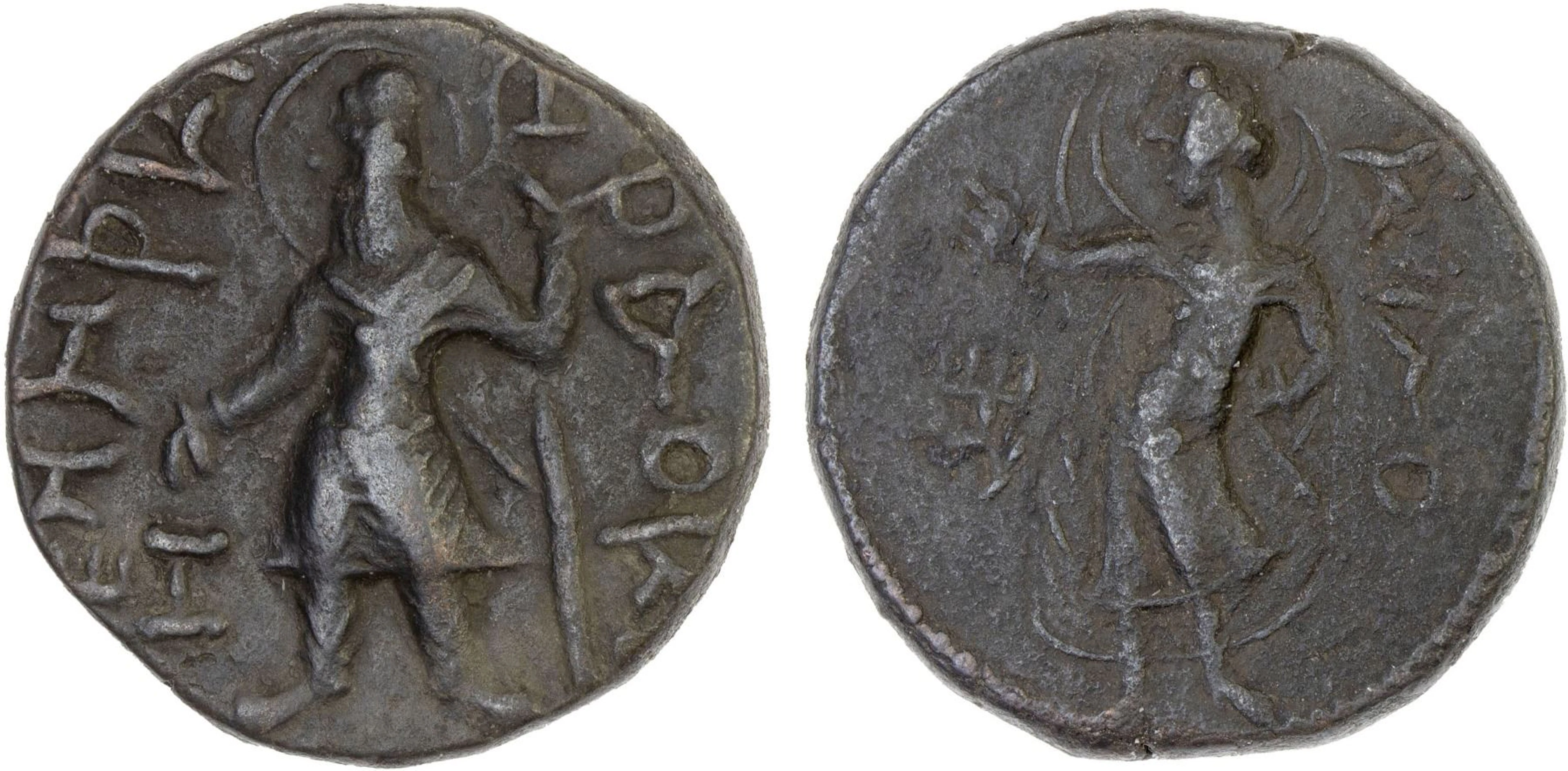 KUSHAN: Kanishka, ca. 127-151, AE tetradrachm (16.21g), pleasing VF
