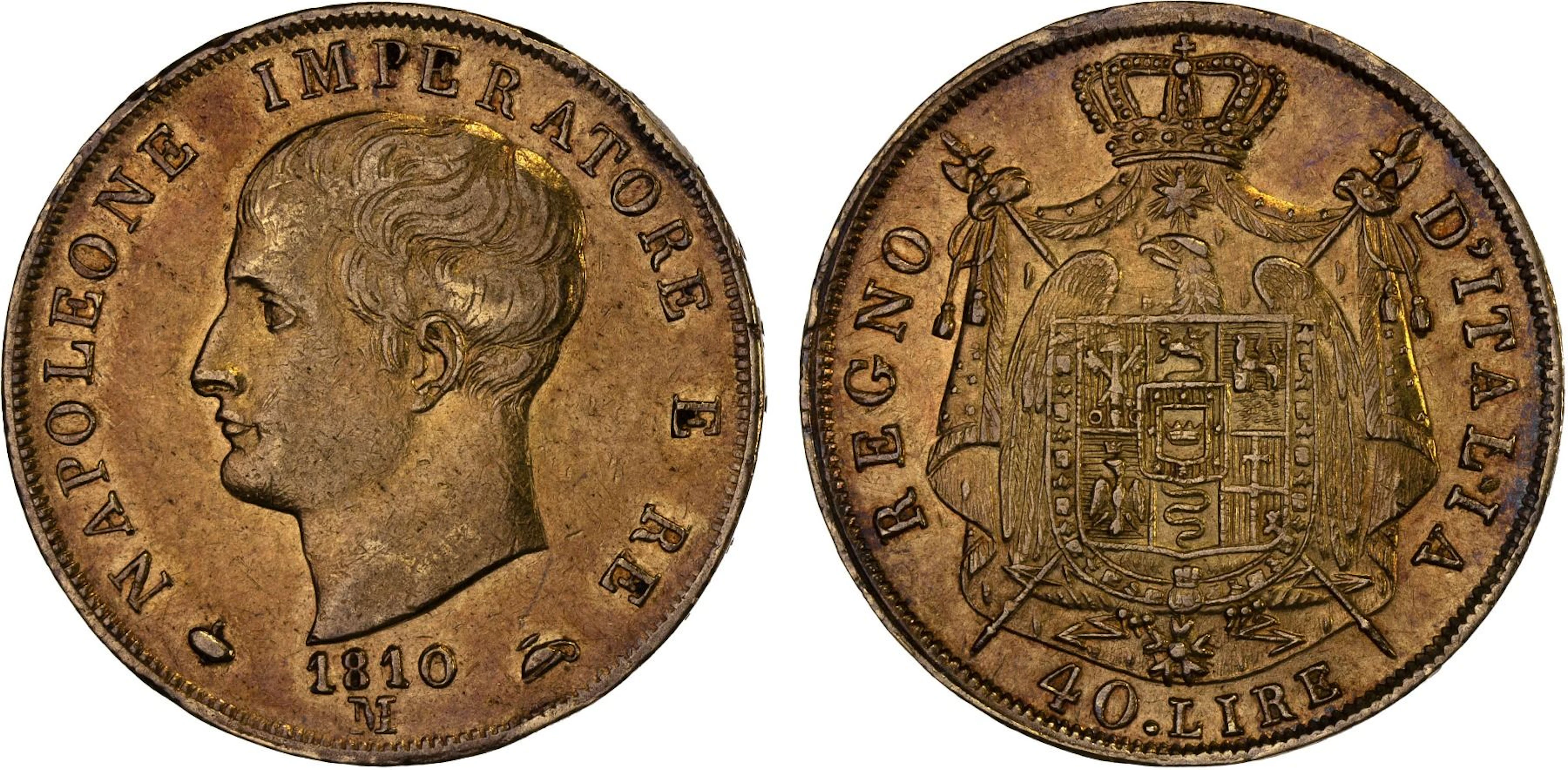 KINGDOM OF ITALY: Napoleon I, 1805-1814, AV 40 lire, Milan, 1810-M, XF