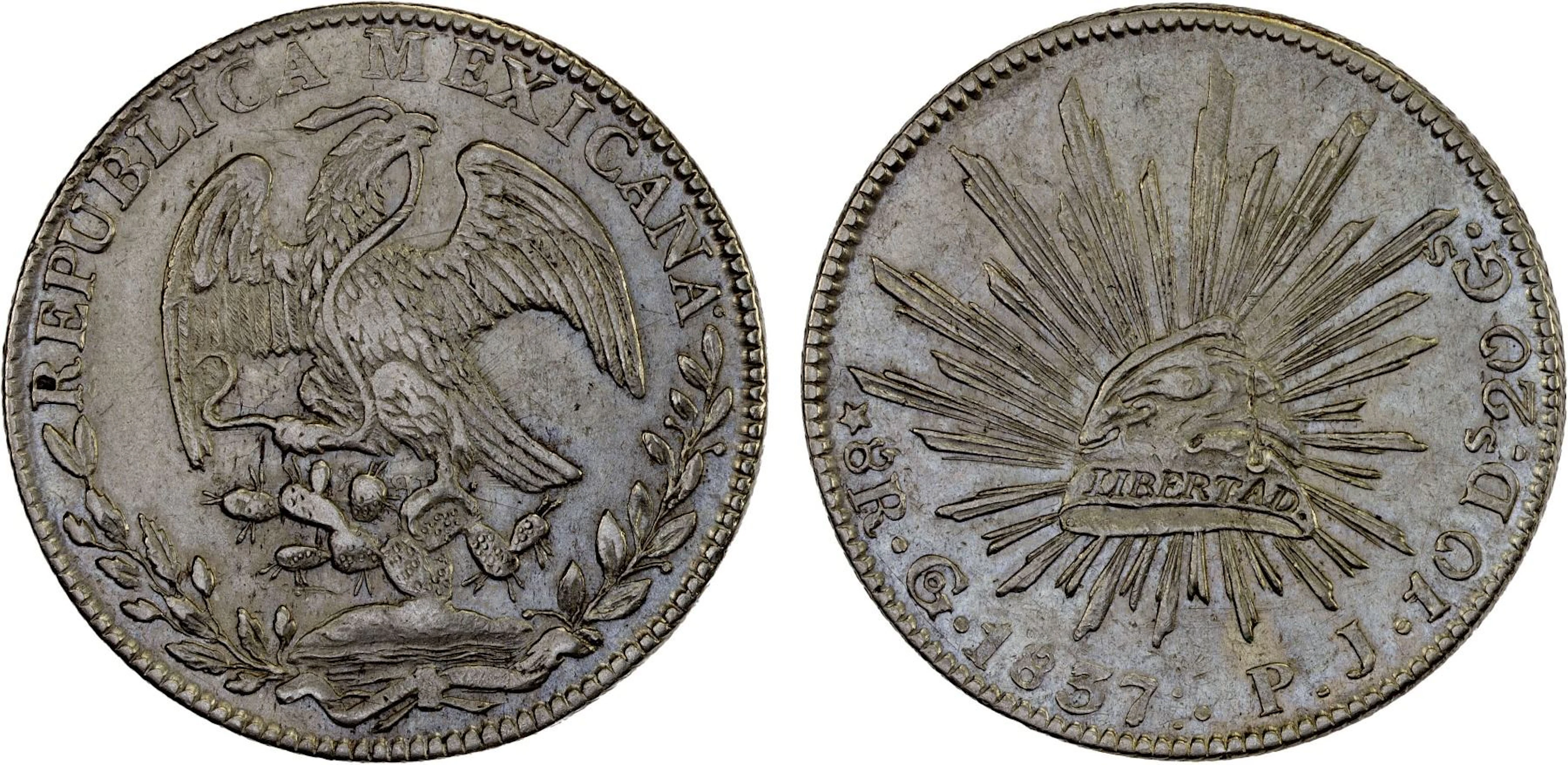 MEXICO: Republic, AR 8 reales (26.71g), 1837-Go, XF-AU
