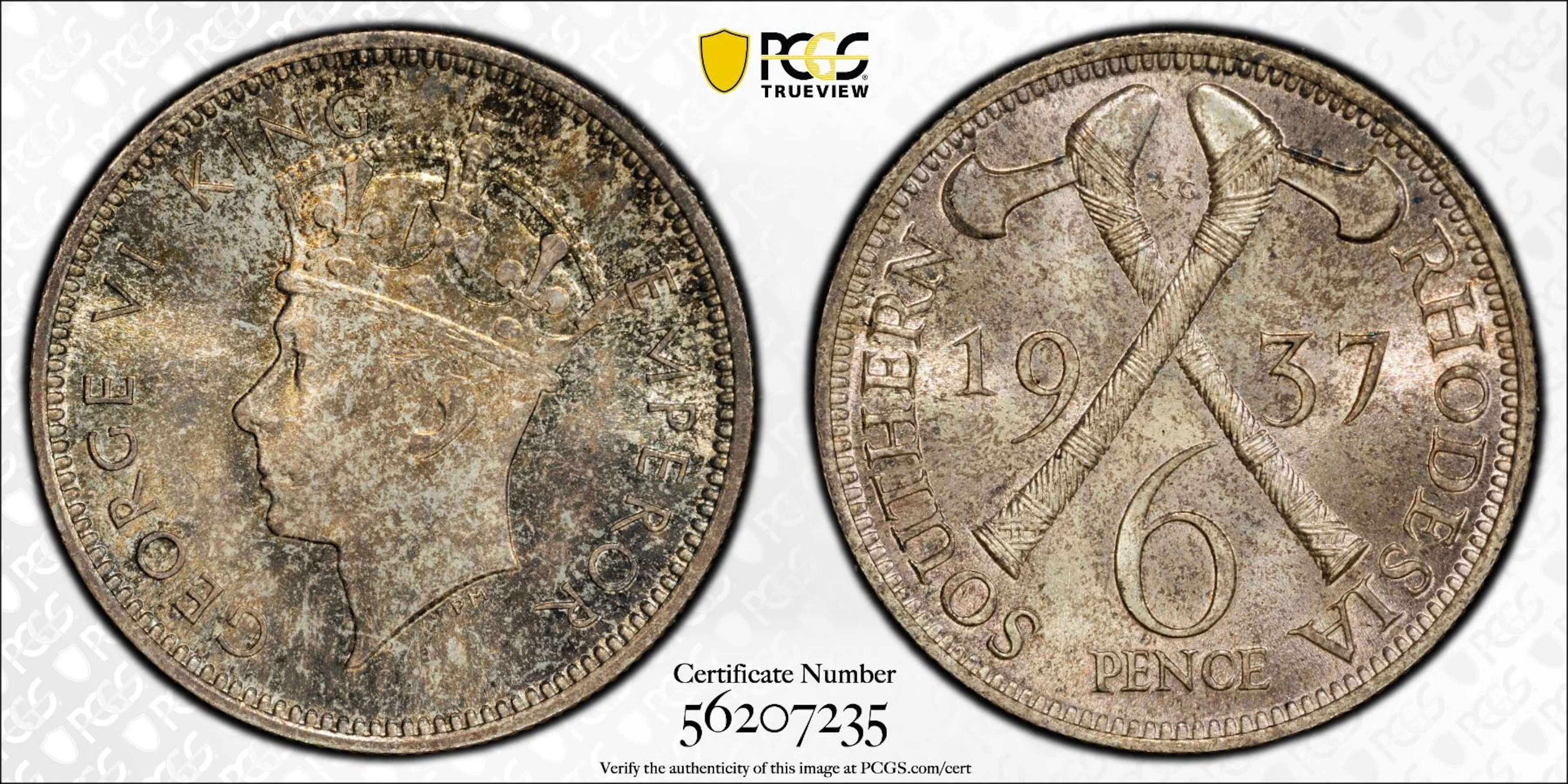 SOUTHERN RHODESIA: George VI, 1936-1952, AR 6 Pence, 1937, PCGS MS66