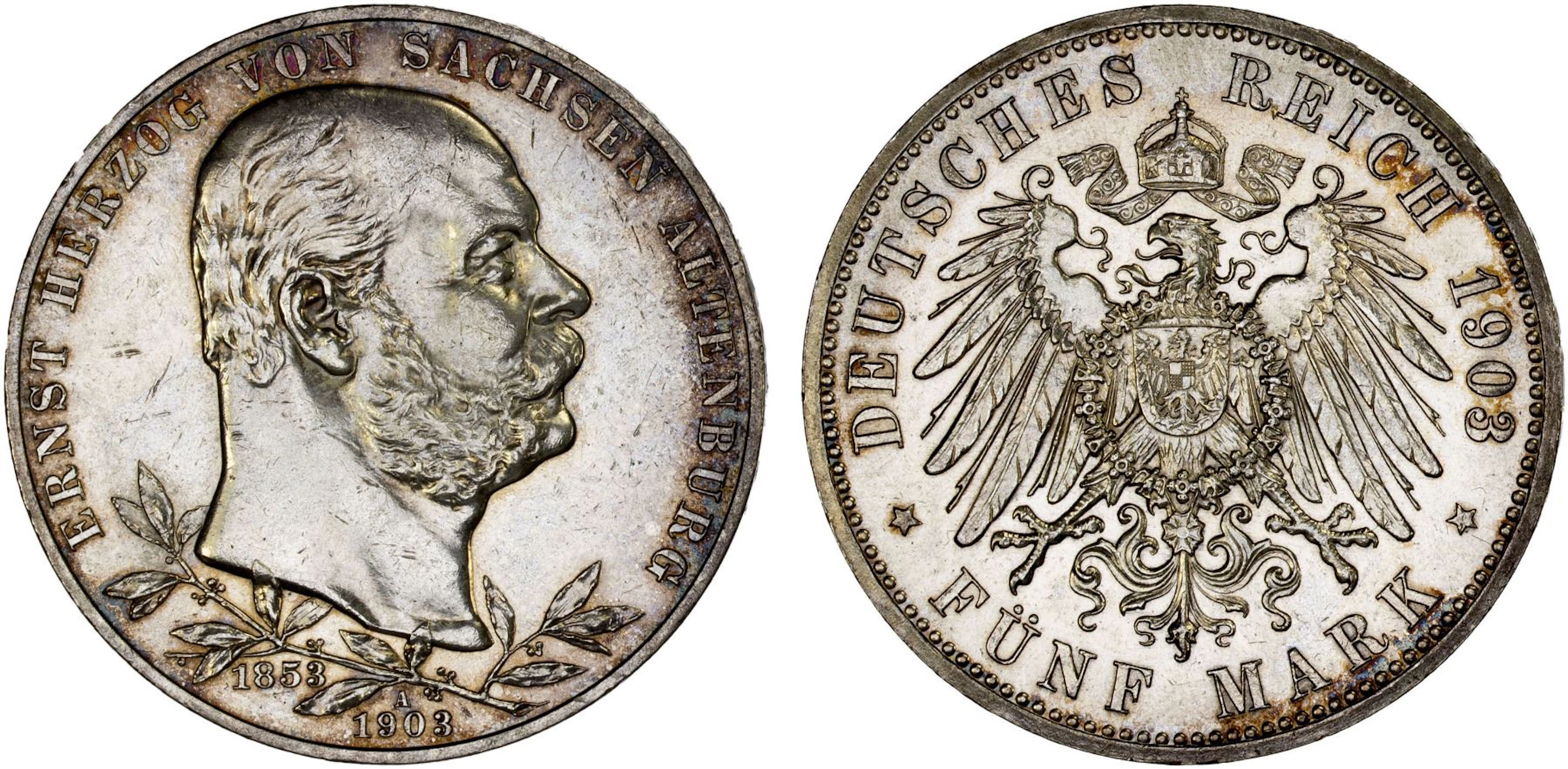 SAXE-ALTENBURG: Ernst I, 1853-1908, AR 5 mark, Berlin, 1903-A, Choice AU