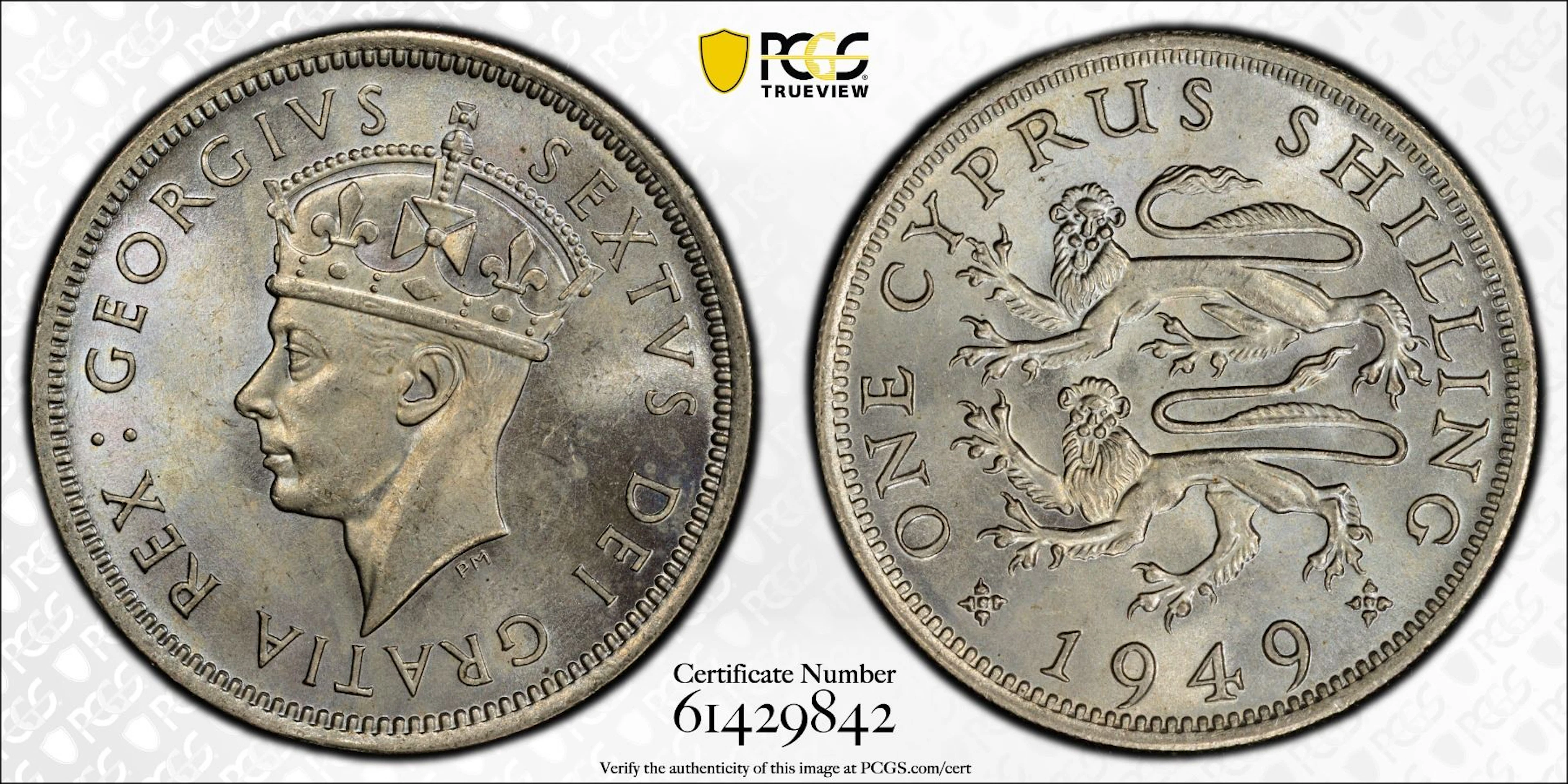 CYPRUS: George VI, 1936-1952, 1 shilling, 1949, PCGS MS65