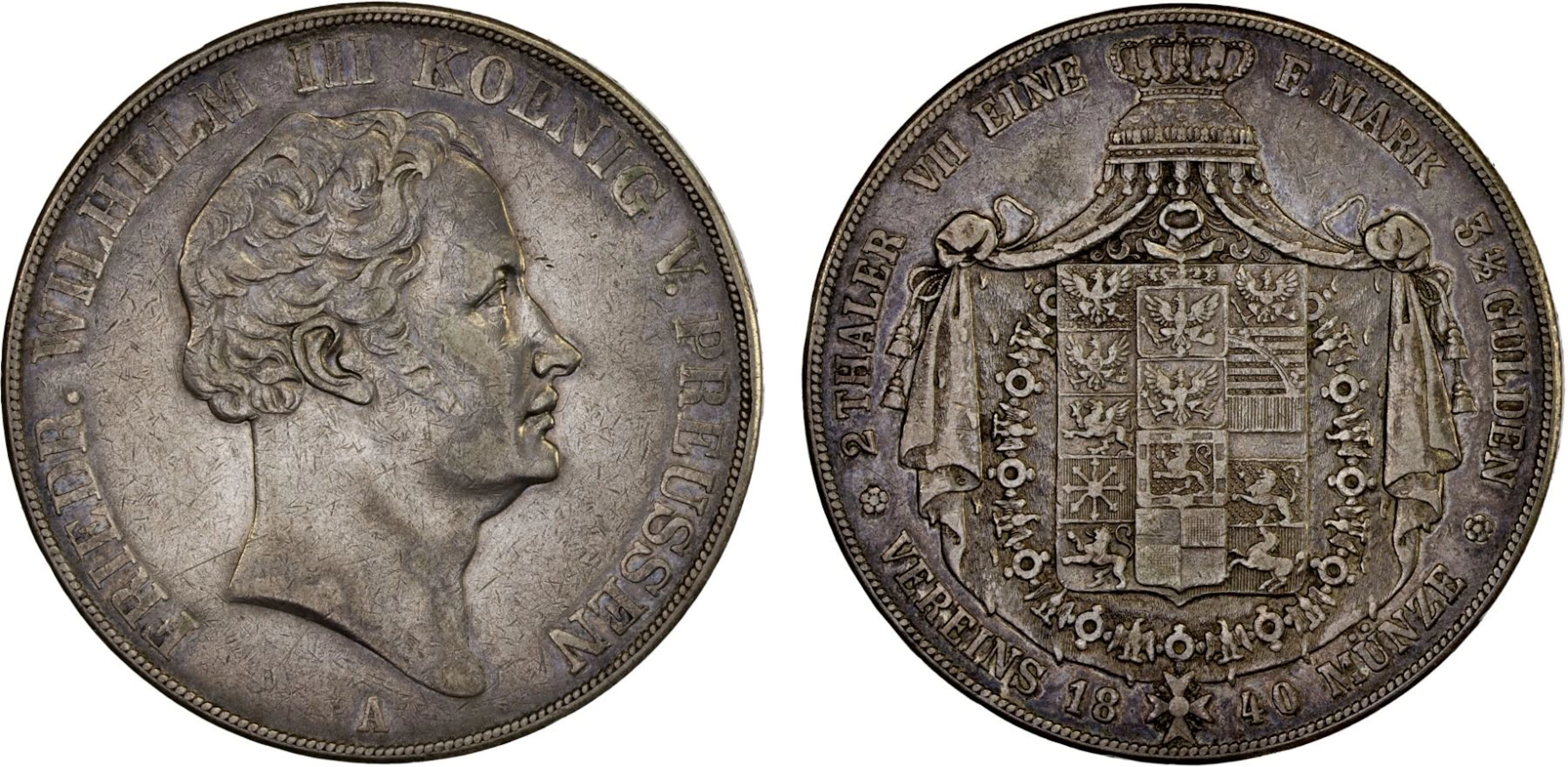 PRUSSIA: Friedrich Wilhelm III, 1797-1840, AR 2 thaler (3½ gulden), 1840-A, VF