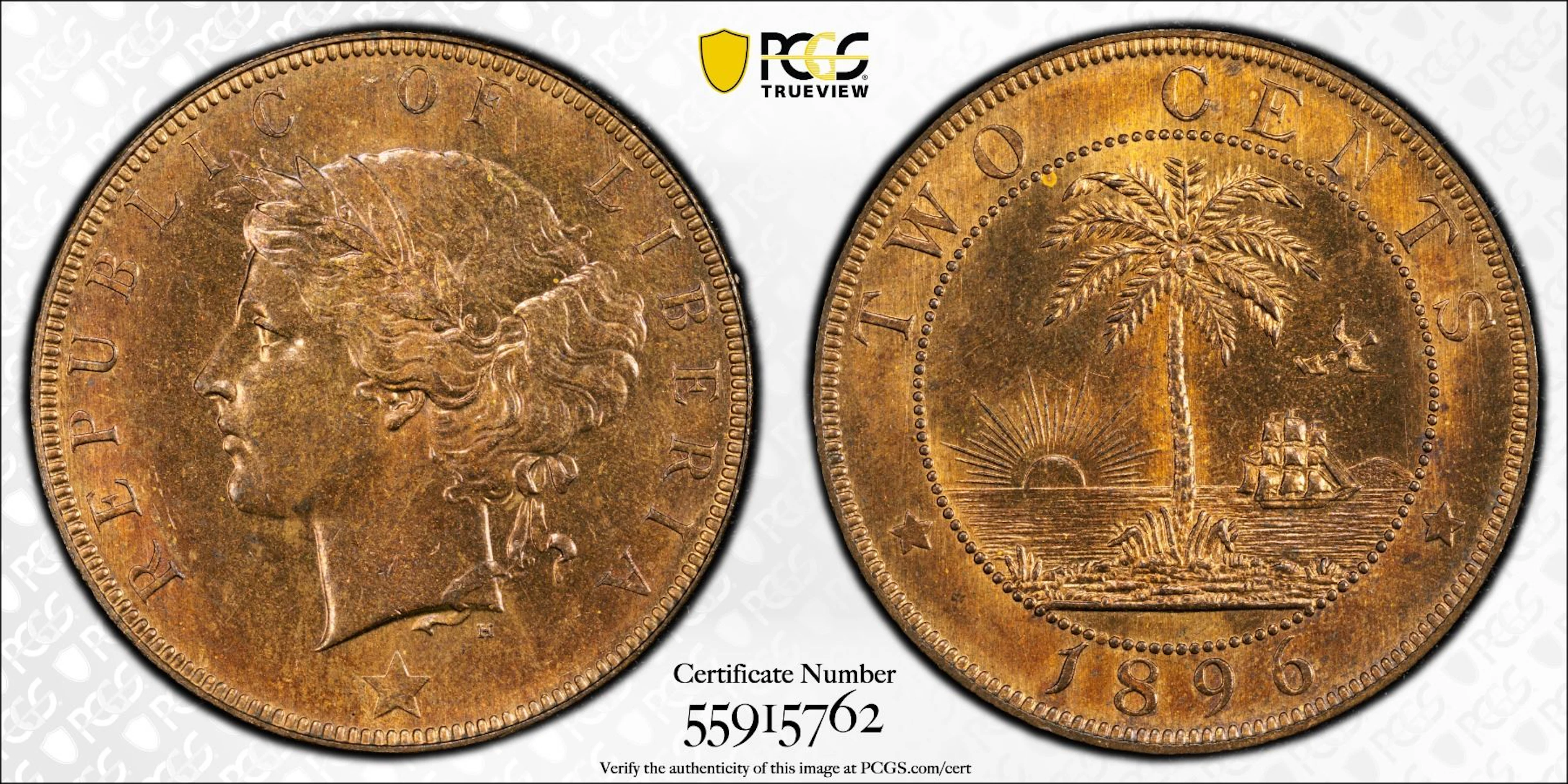 LIBERIA: Republic, AE 2 cents, 1896, PCGS MS65 RB
