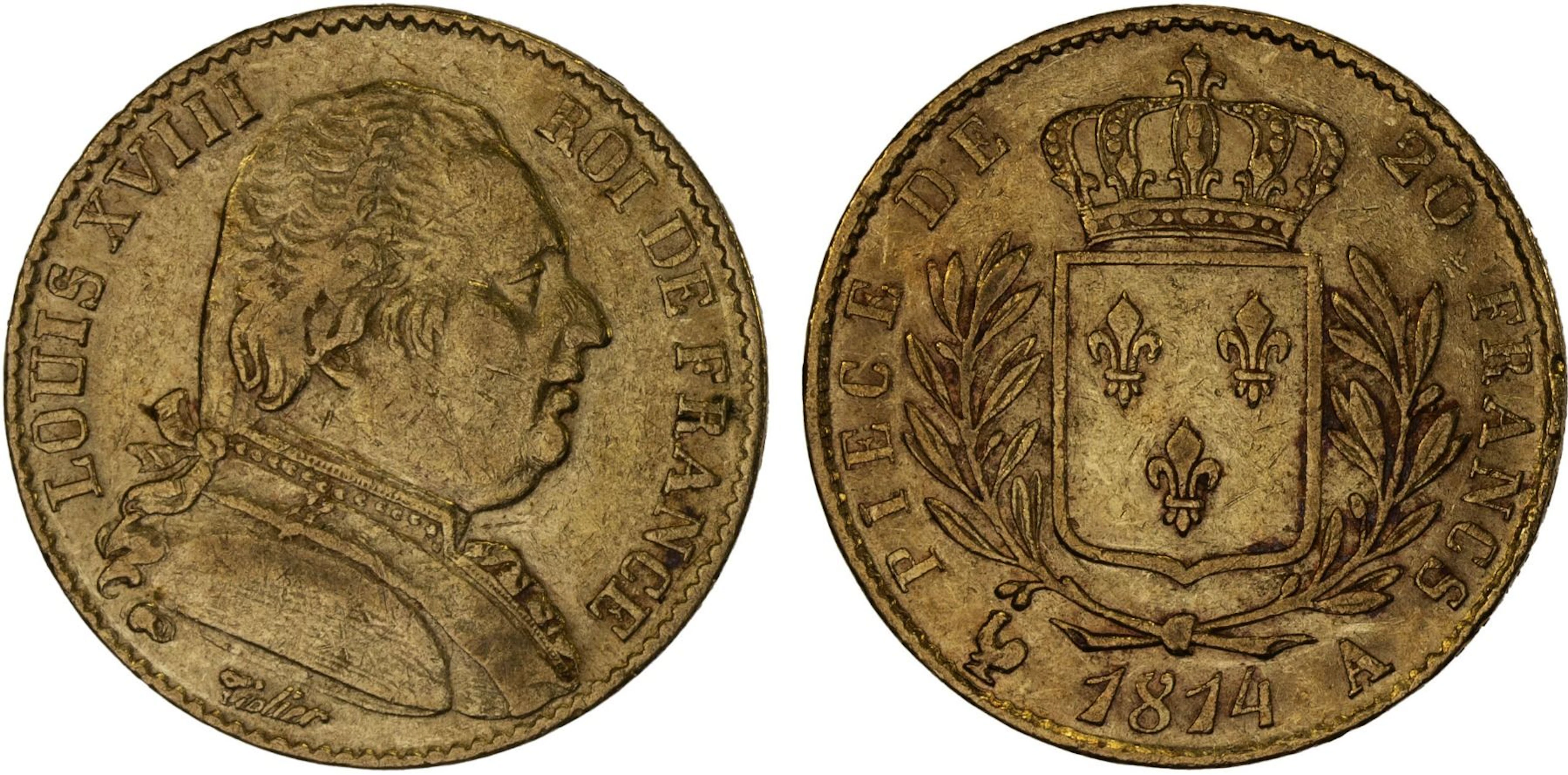 FRANCE: Louis XVIII, First Reign, 1814-1815, AV 20 francs, 1814-A, VF