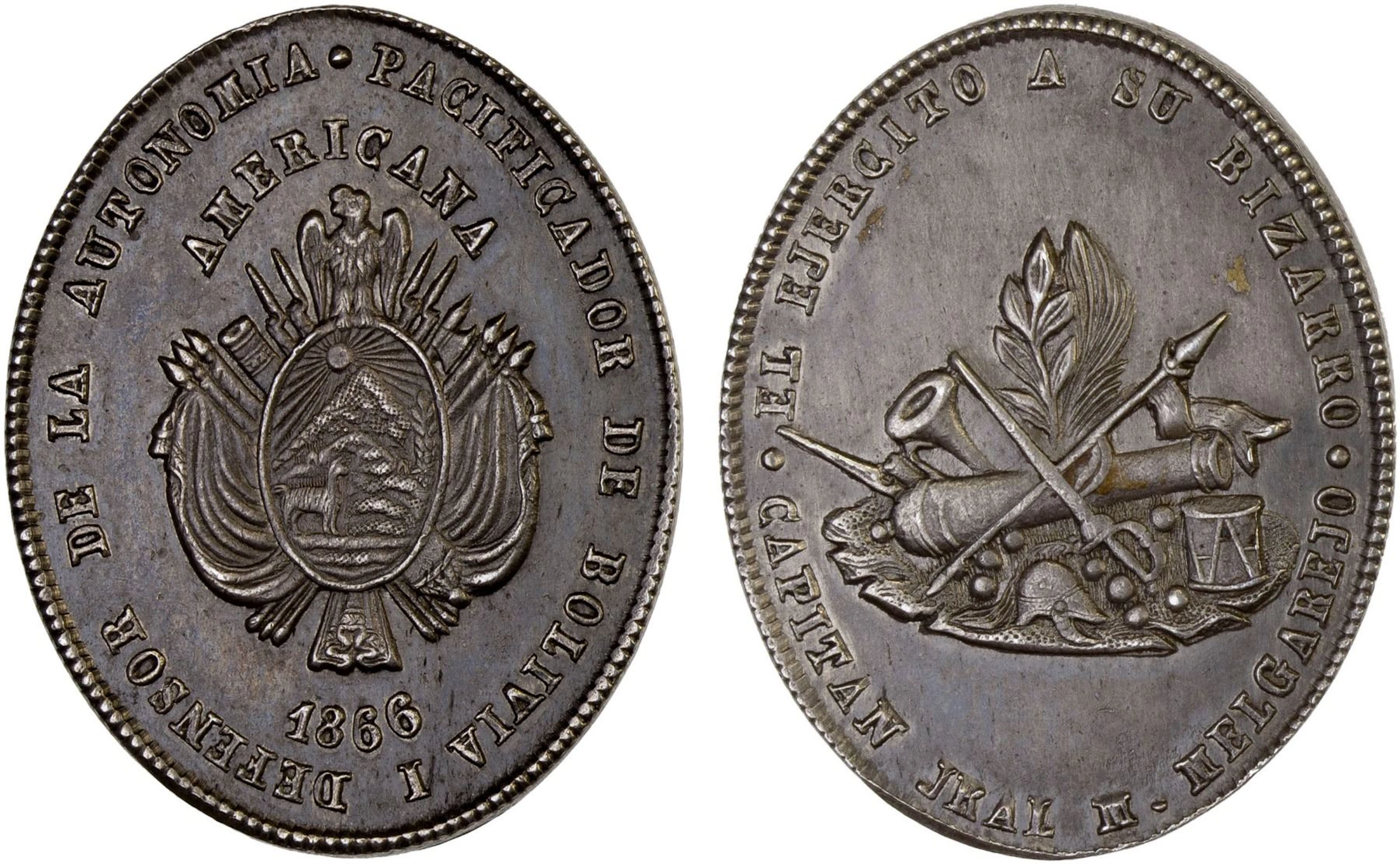 BOLIVIA: Republic, AR medal (6.60g), 1866, Choice AU