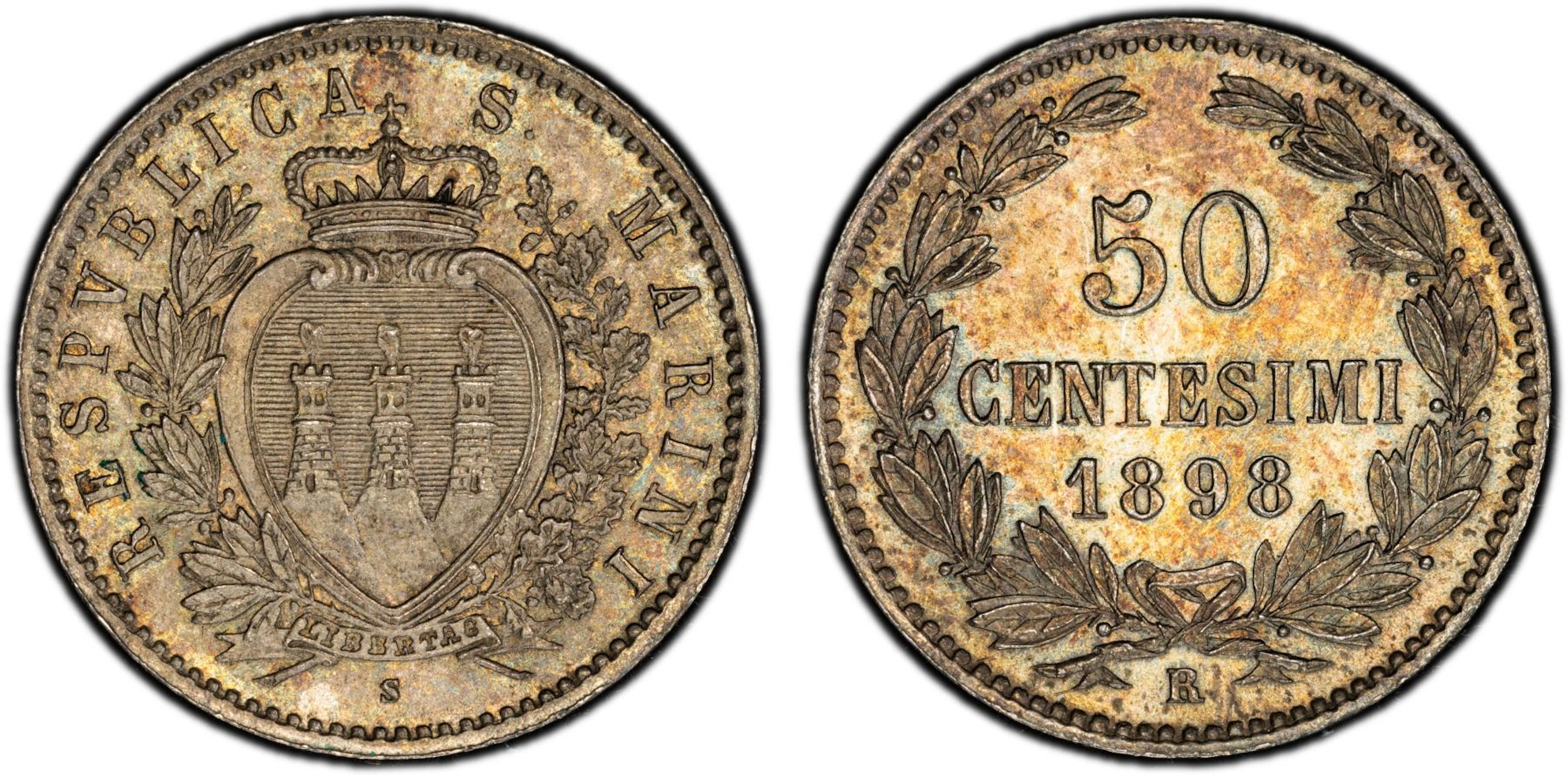 SAN MARINO: Republic, AR 50 centesimi, 1898-R, PCGS MS65