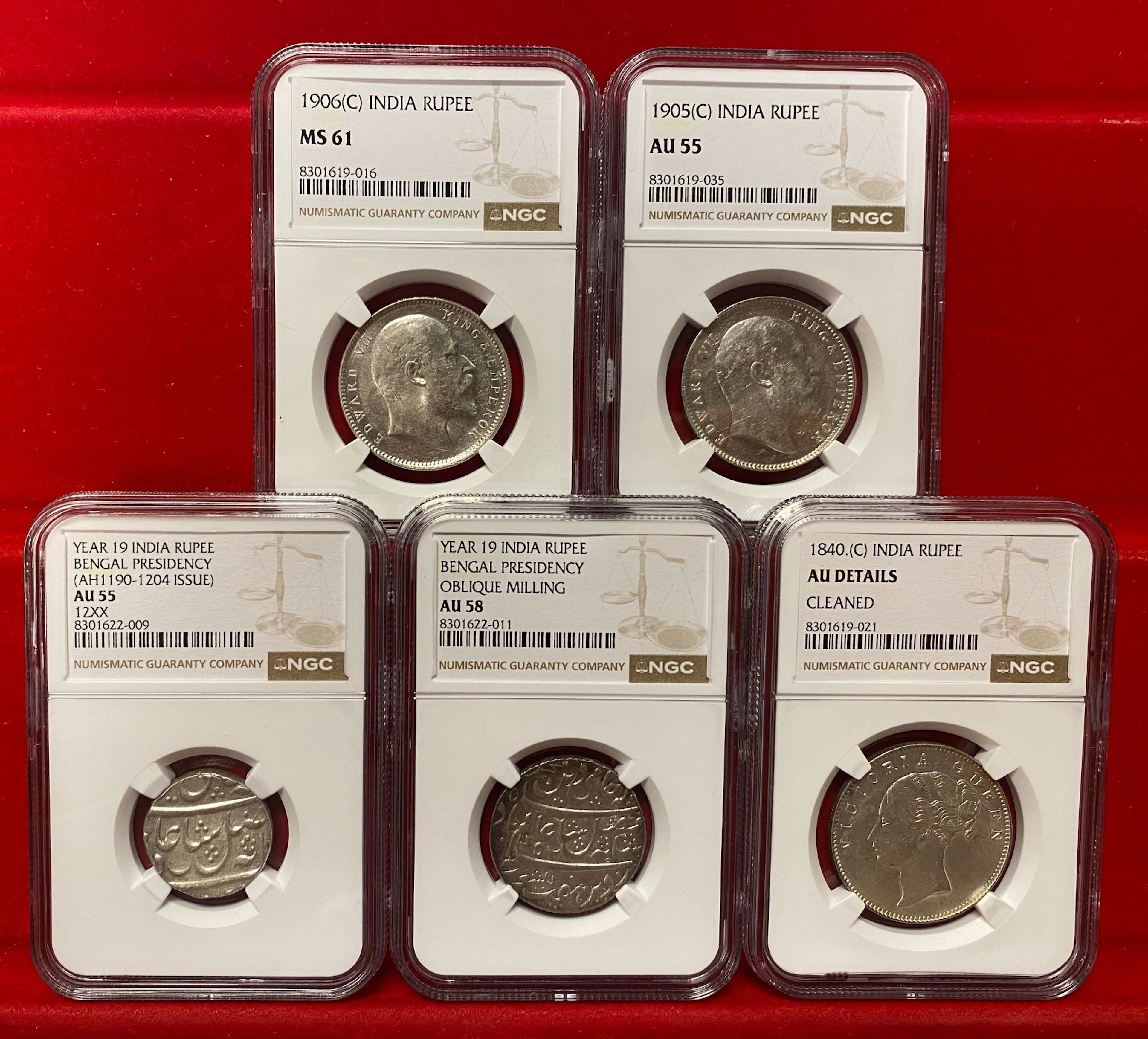BRITISH INDIA: LOT of 5 certified AR rupees