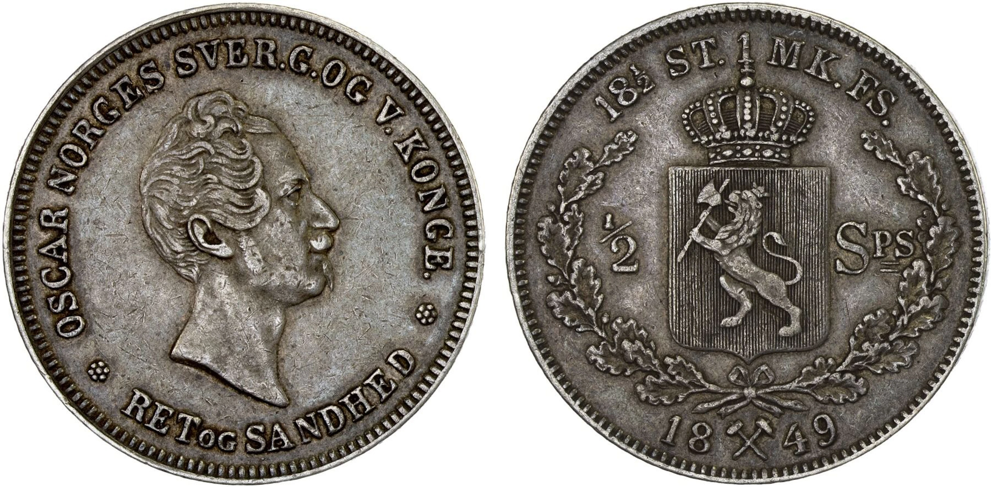 NORWAY: Oscar I, 1844-1859, AR 1/2 specie daler, 1849, Choice VF