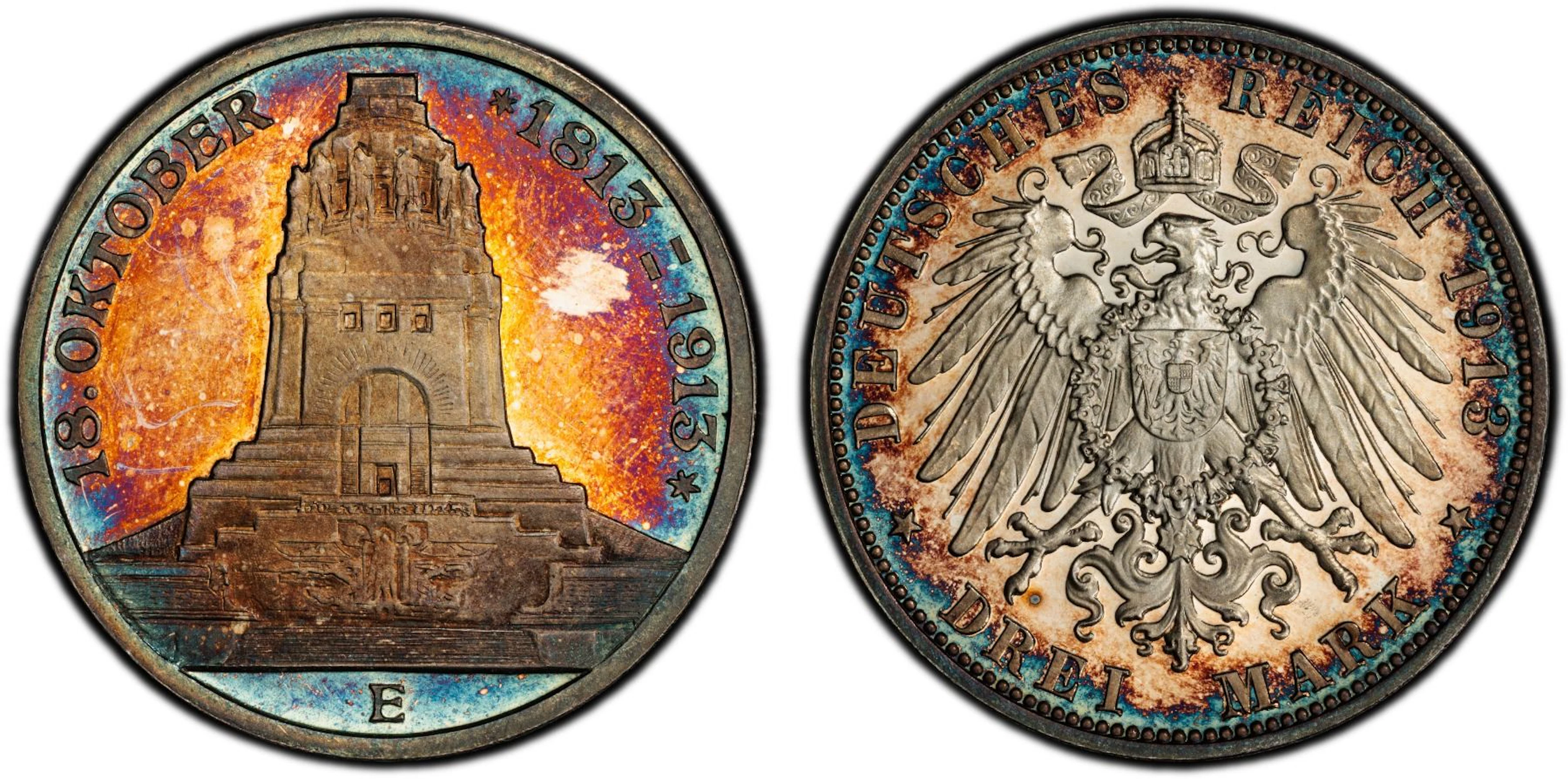 SAXONY: Friedrich August III, 1904-1918, AR 3 mark, 1913-E, PCGS Proof 63 DCAM