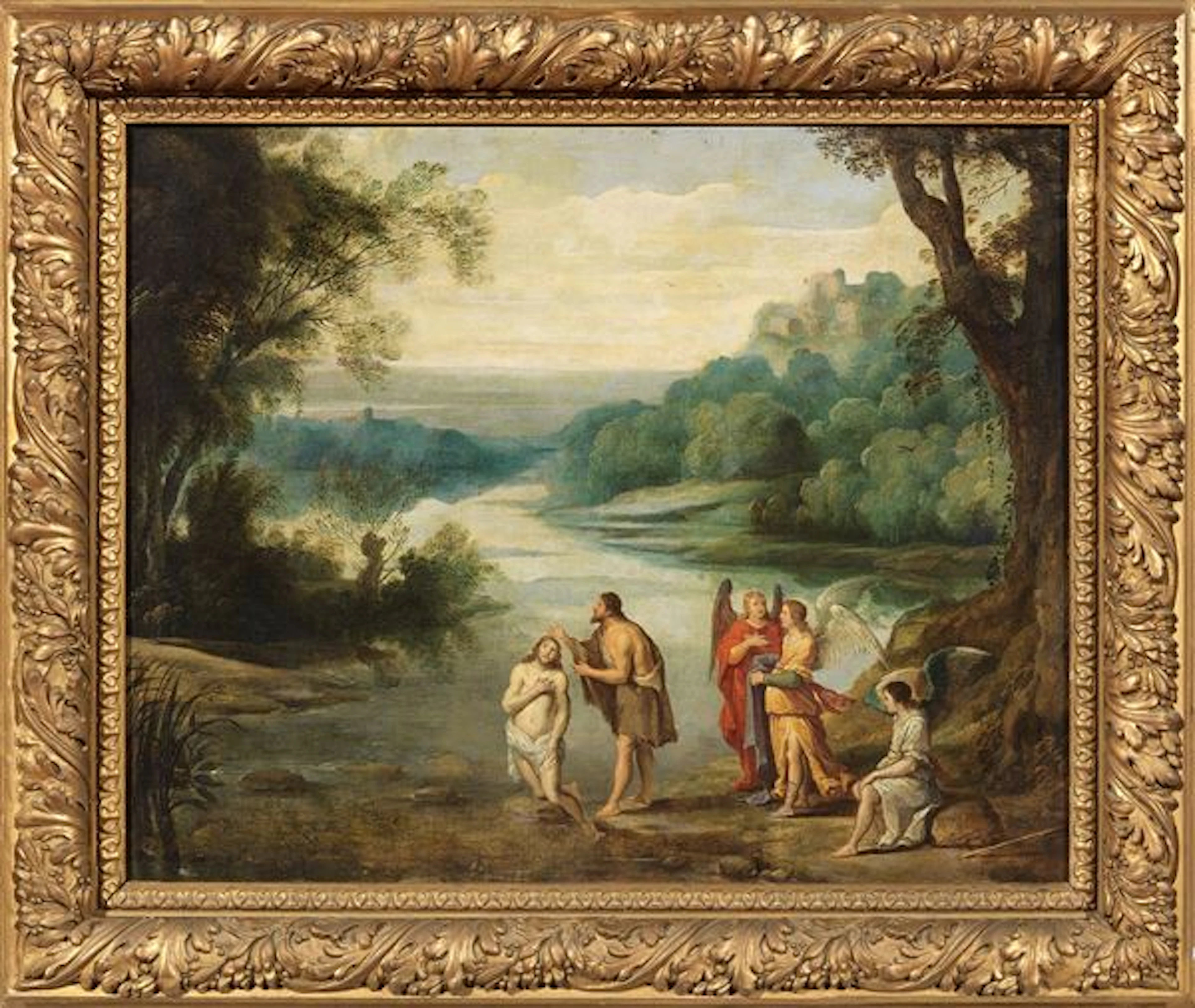 Battesimo di Cristo e i tre Angeli di Emmaus Scuola fiamminga del XVII secolo
