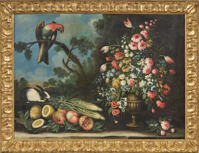 Natura morta con ortaggi, fiori, coniglio e pappagallo Monogrammista A.V.