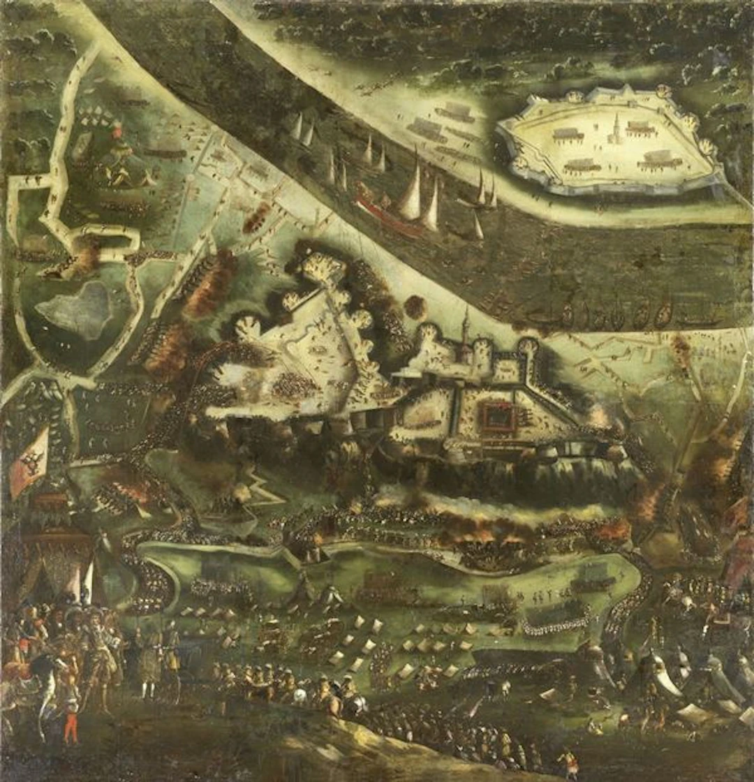 Battaglia di Buda. Veduta a volo di uccello Scuola francese del XVII secolo