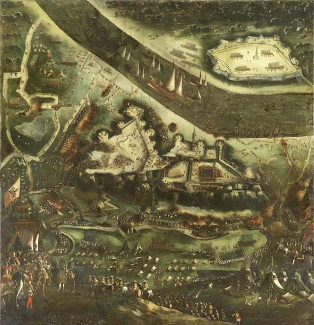 Battaglia di Buda. Veduta a volo di uccello Scuola francese del XVII secolo