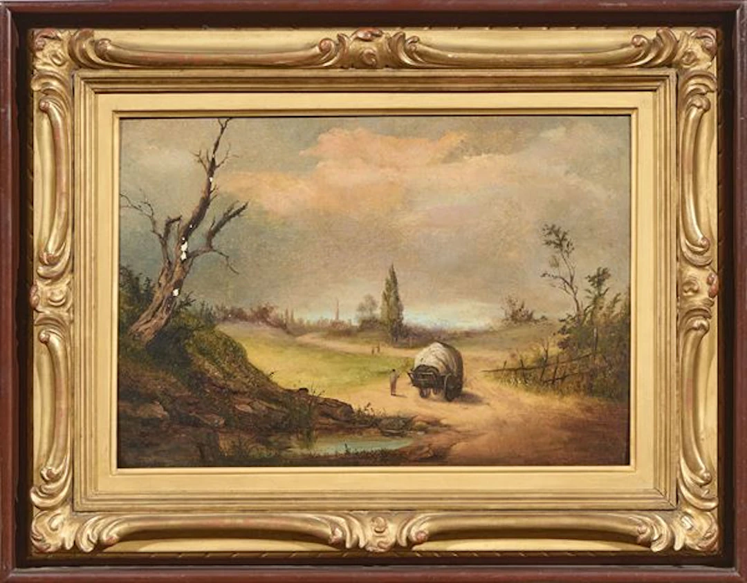 Paesaggio con carro e figure Scuola fiamminga fine XVIII secolo