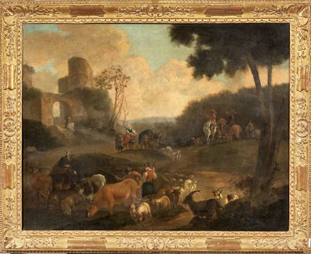 Paesaggio con armenti e rovine Scuola fiamminga fine XVIII secolo