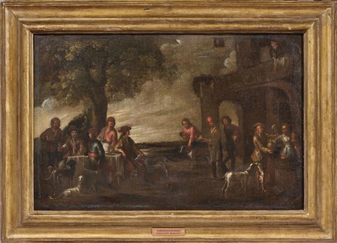 Sosta di un gruppo di viaggiatori presso una locanda Cornelis de Wael