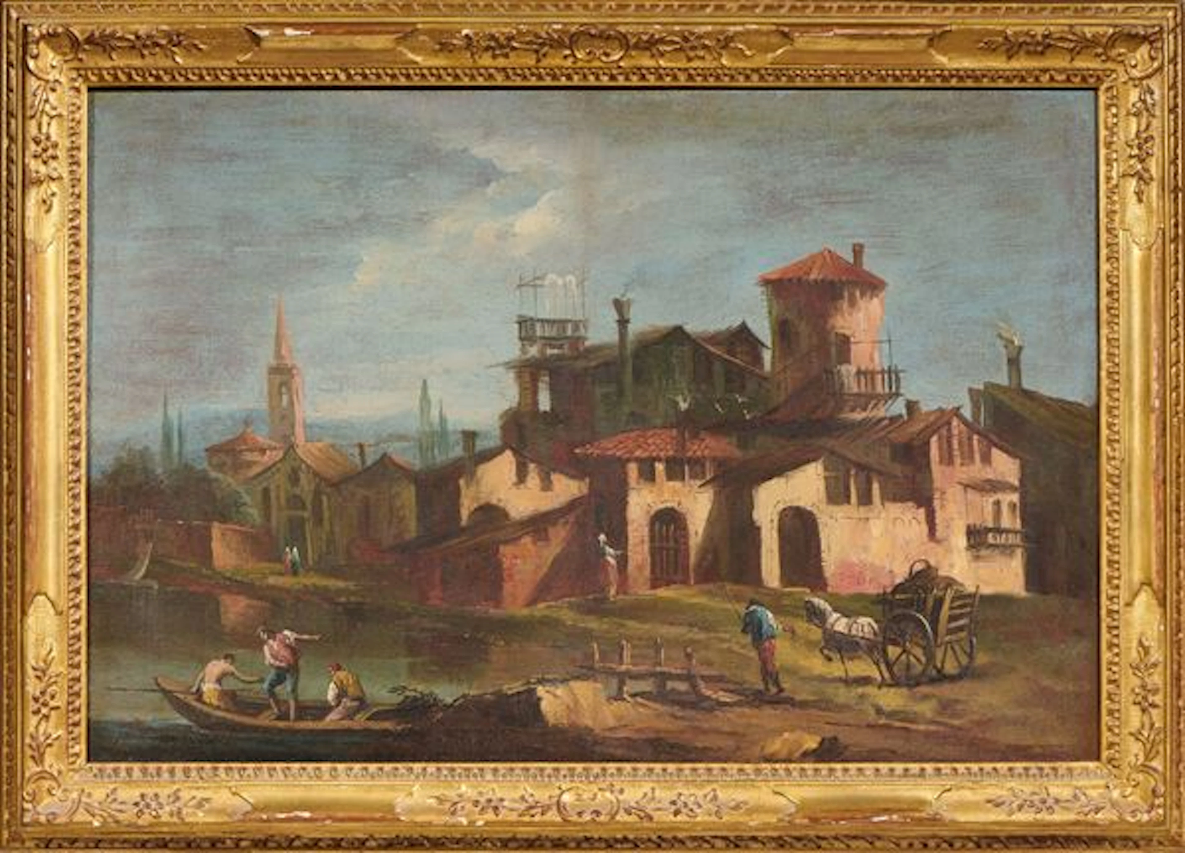 Paesaggio con case rustiche in riva al lago Scuola veneta del XVIII secolo