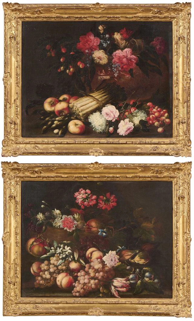 «Natura morta con asparagi e fiori» e «Natura morta con uva e frutta»