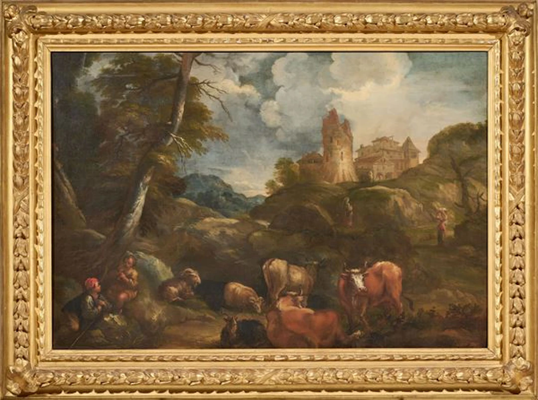 Paesaggio con torre, pastorelli e armenti Scuola romana del XVII secolo