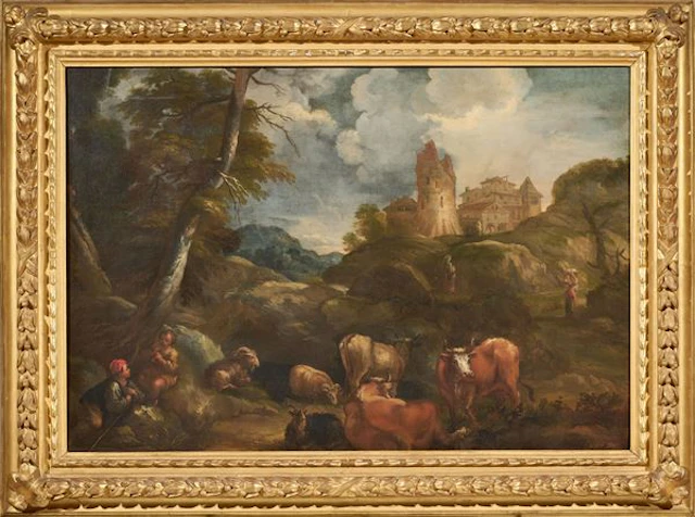 Paesaggio con torre, pastorelli e armenti Scuola romana del XVII secolo
