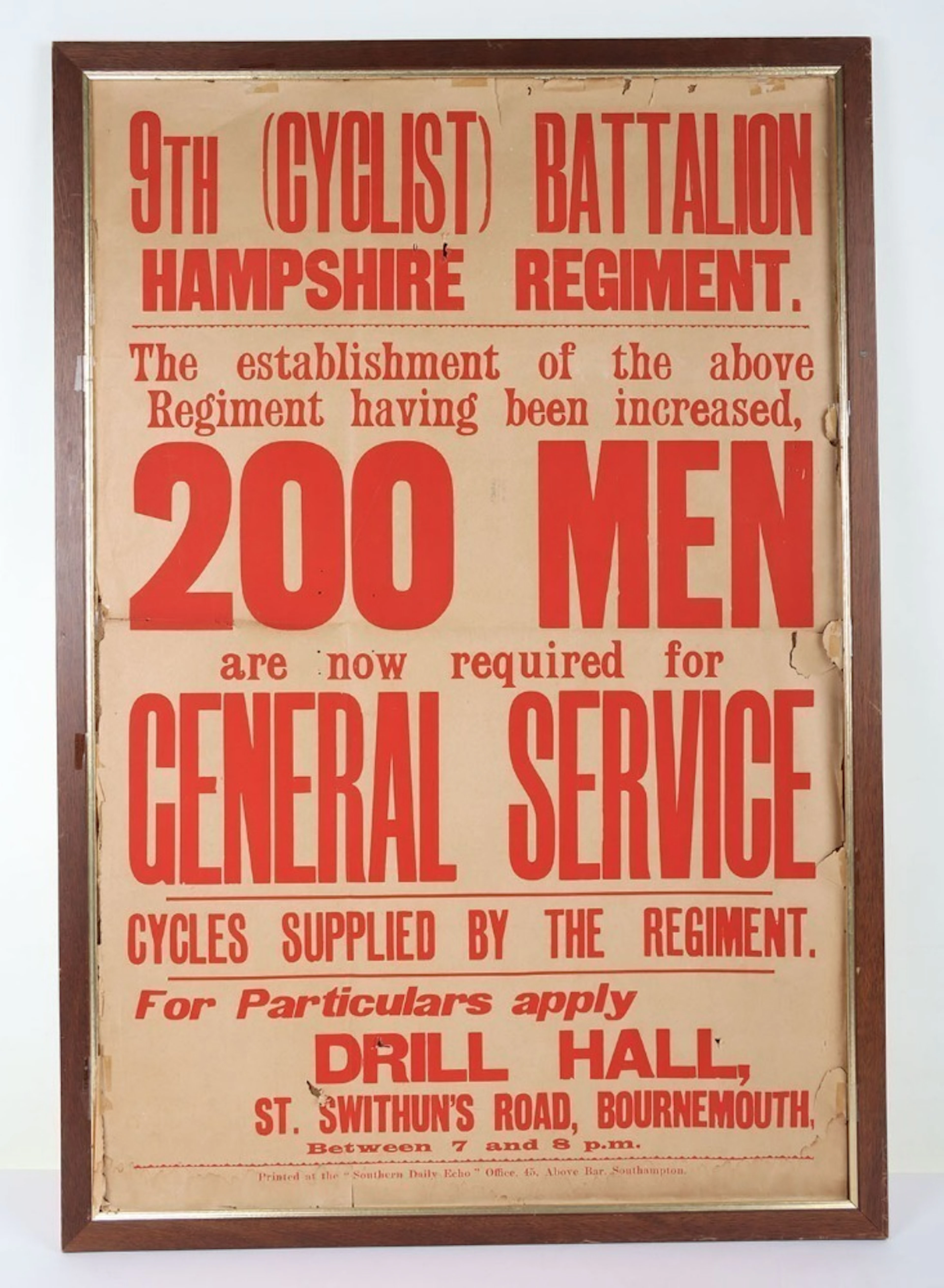 Scarce WW1 9th (Cyclist) Battalion The Hampshire Regiment Recruiting Poster