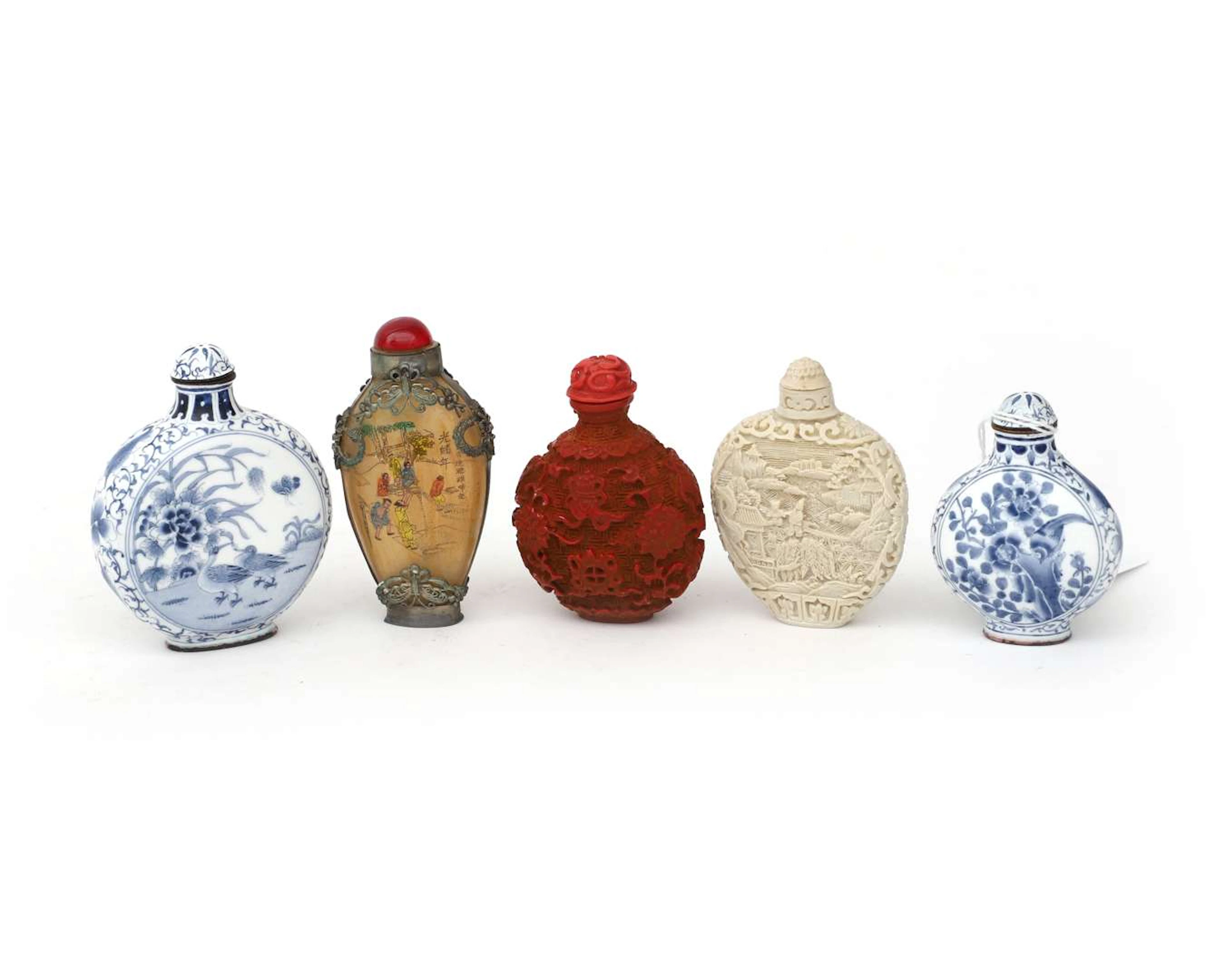 Five assorted snuff bottles. Asia, 20th century