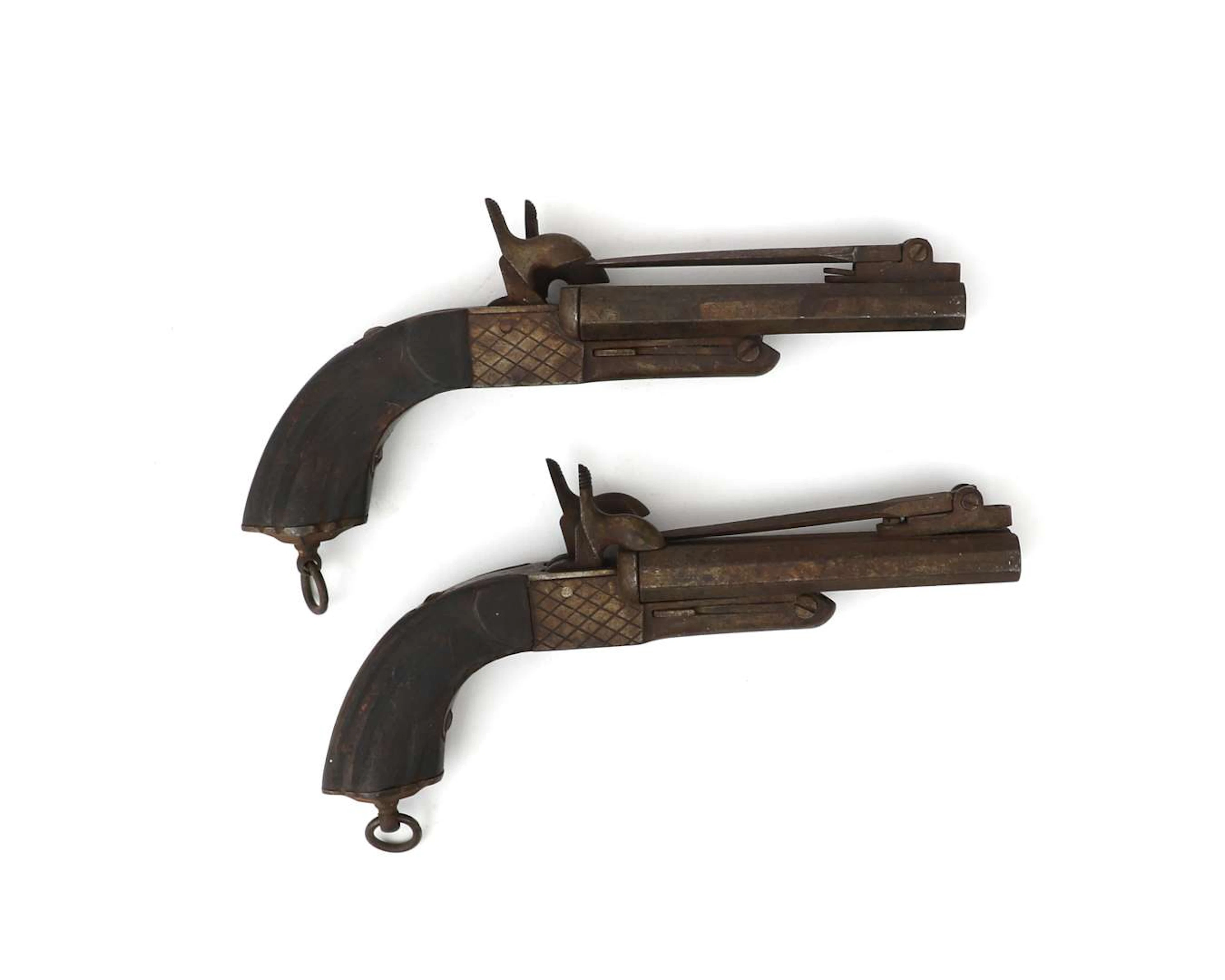 Two double-barrelled pistols with bayonets, Spain, 19th/20th century