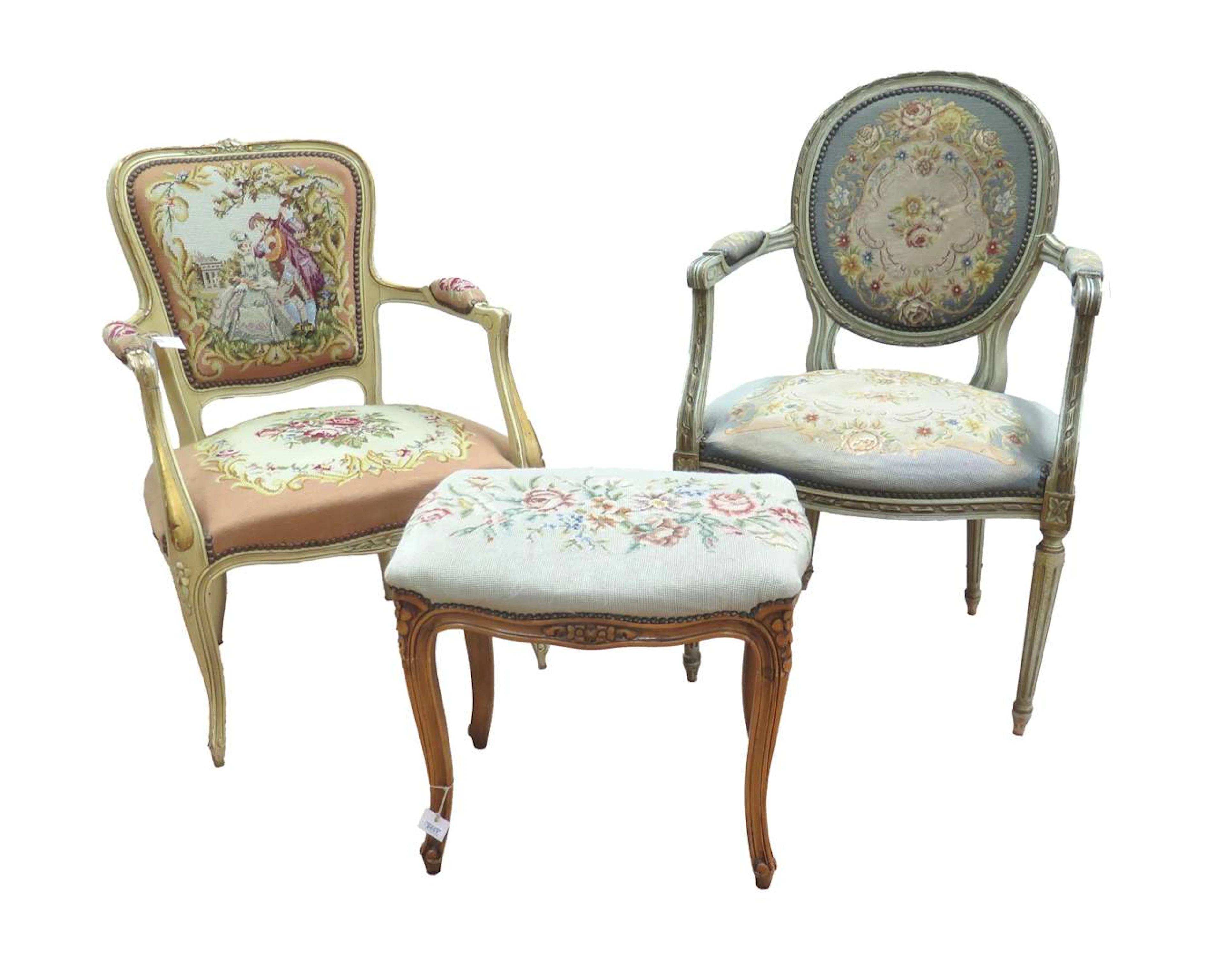 Two lacquered wooden ladies’ armchairs and a footstool. 20th century