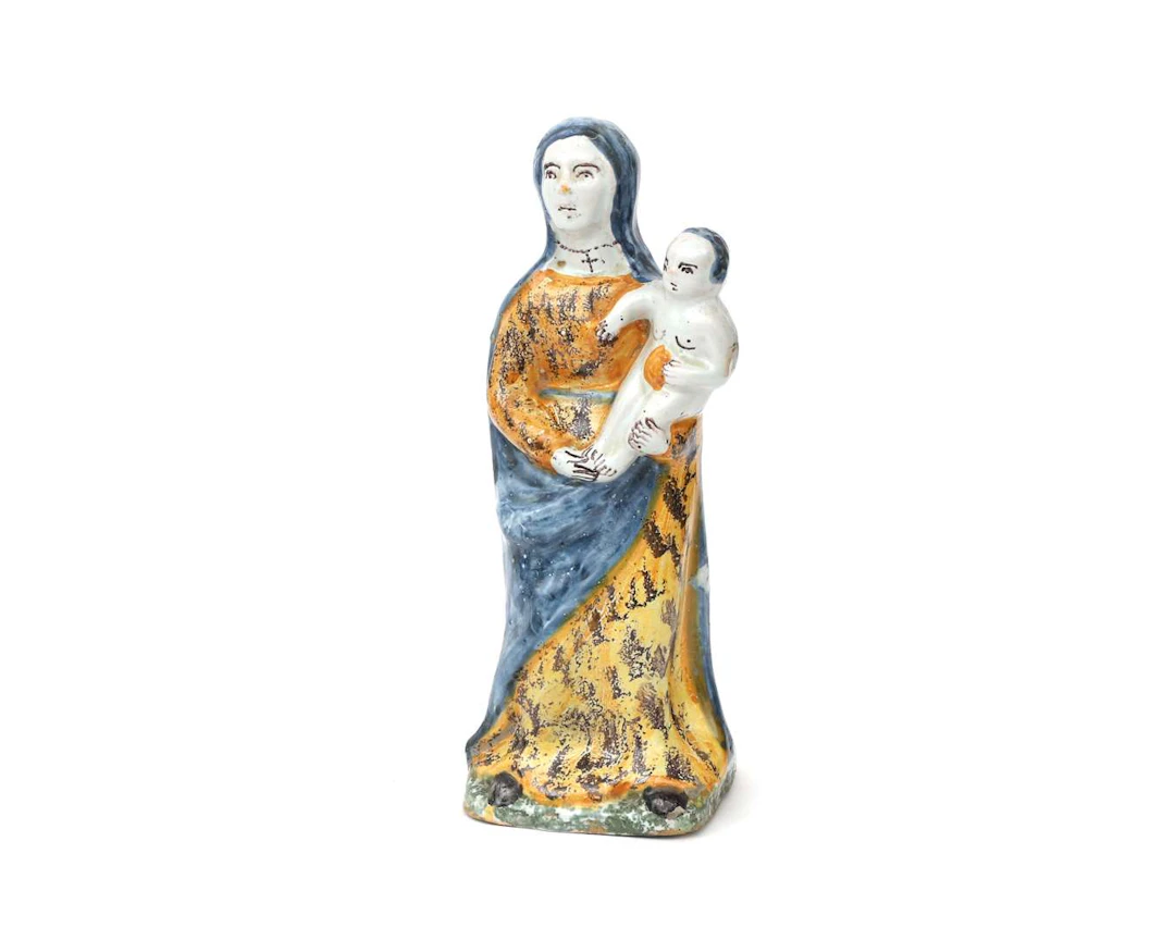 A faience statue of the Virgin and Child, probably from Nevers, France