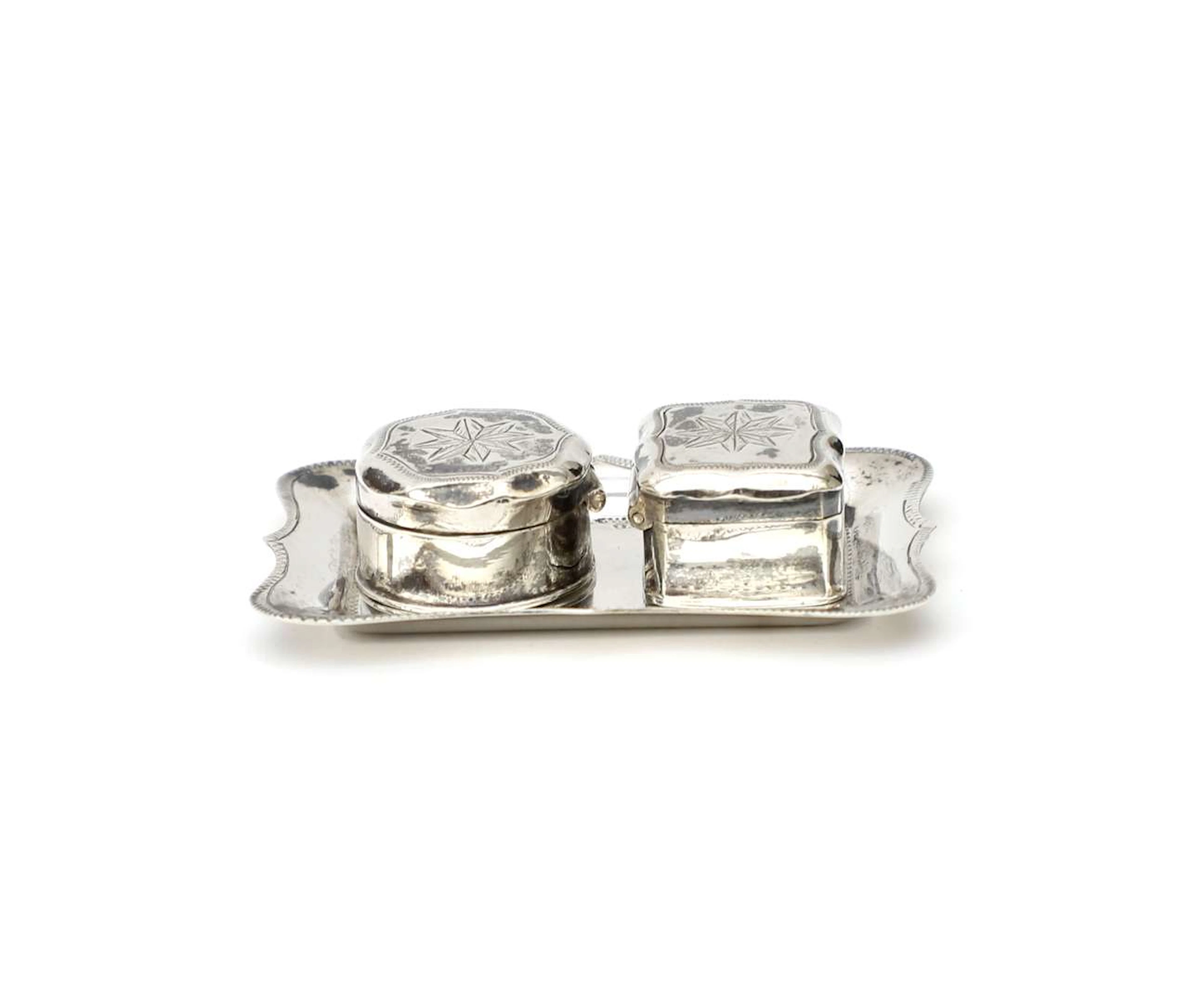 Two miniature silver biscuit tins on a tray, the Netherlands, Sneek