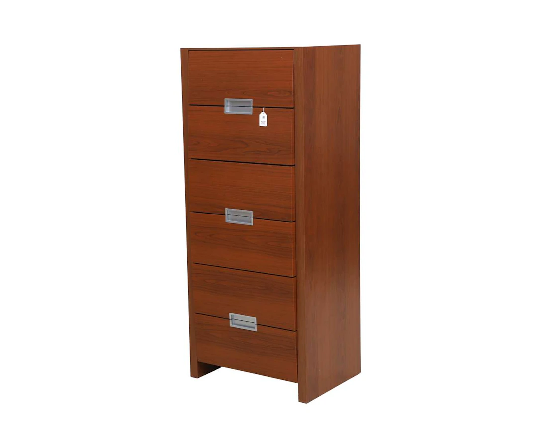 A wooden chest of drawers with six drawers and a slightly curved front.
